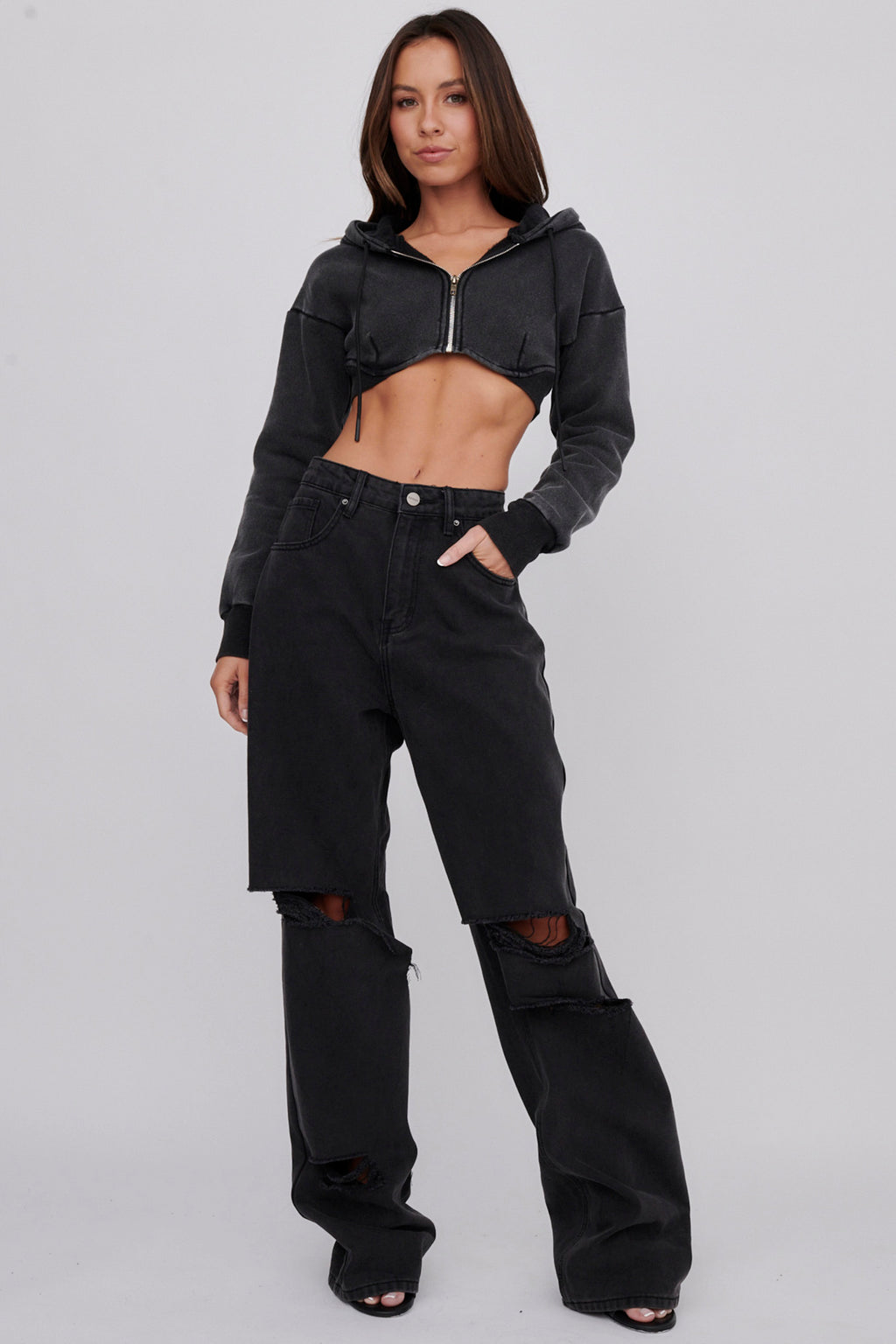 Alias Crop Hoodie Jacket Washed Black by Selfie Leslie