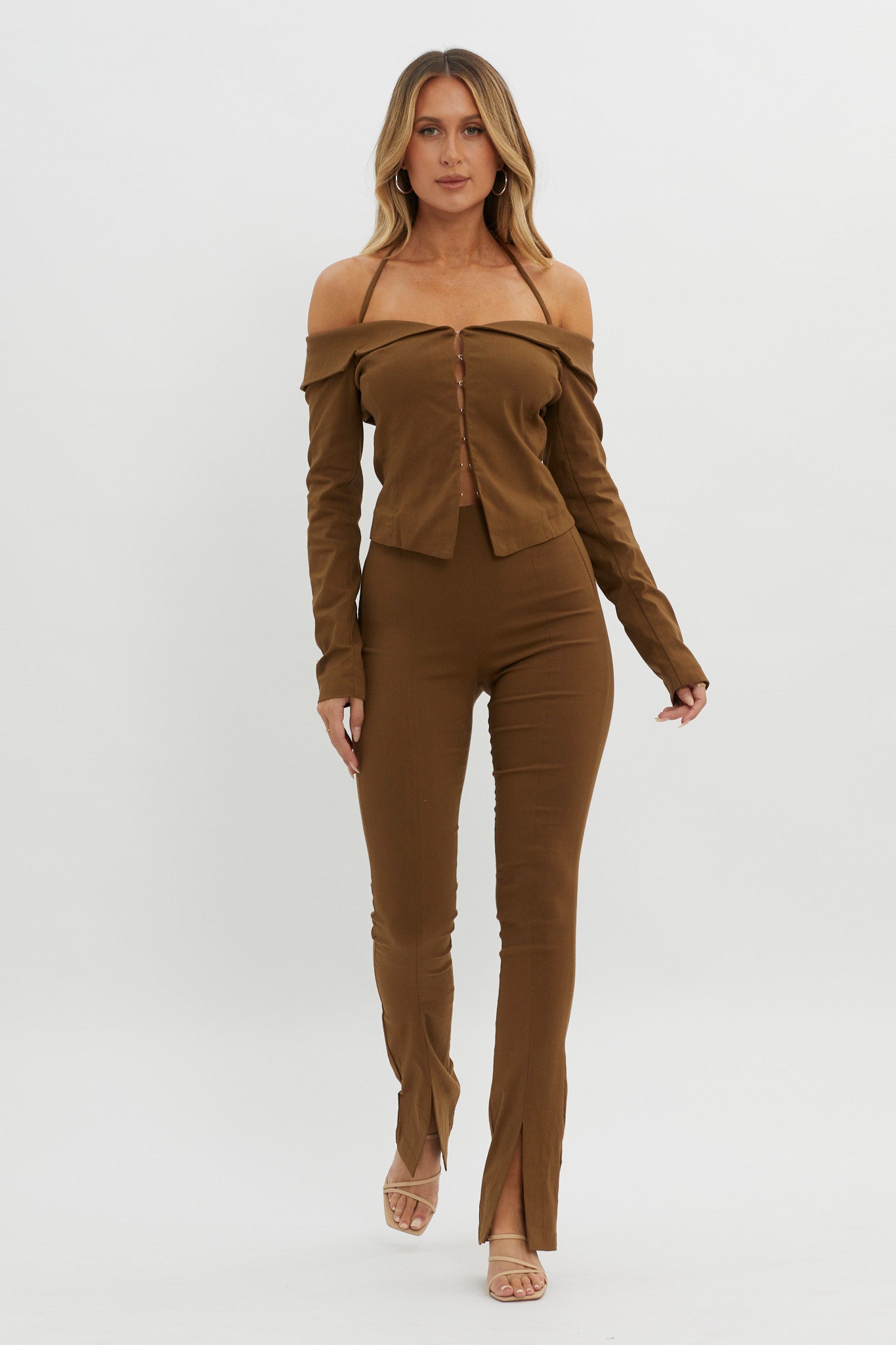 Zuzana Split Hem Flare Pants Brown by Selfie Leslie