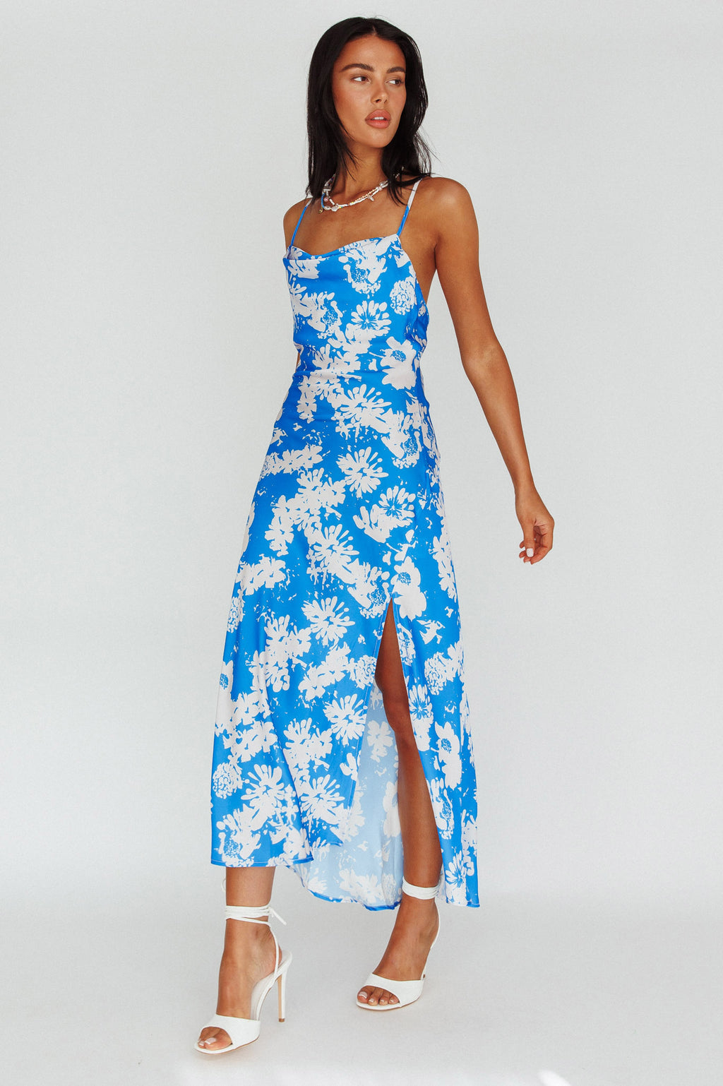 Sherilyn Criss-Cross Back Midi Dress Blue Floral by Selfie Leslie