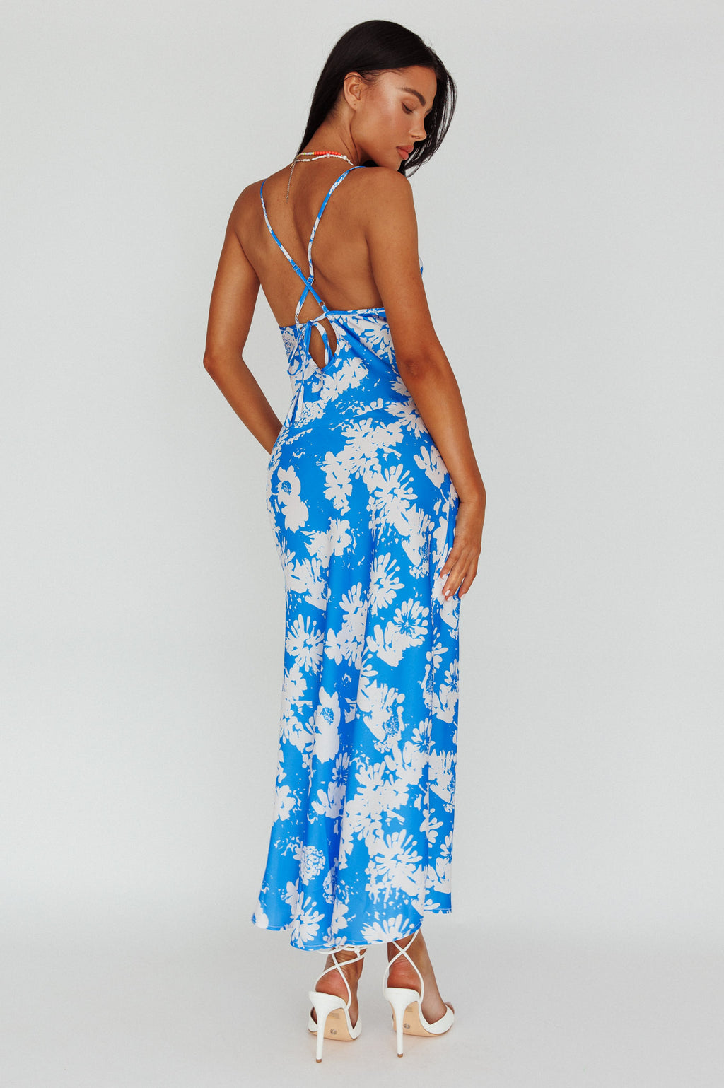 Sherilyn Criss-Cross Back Midi Dress Blue Floral by Selfie Leslie