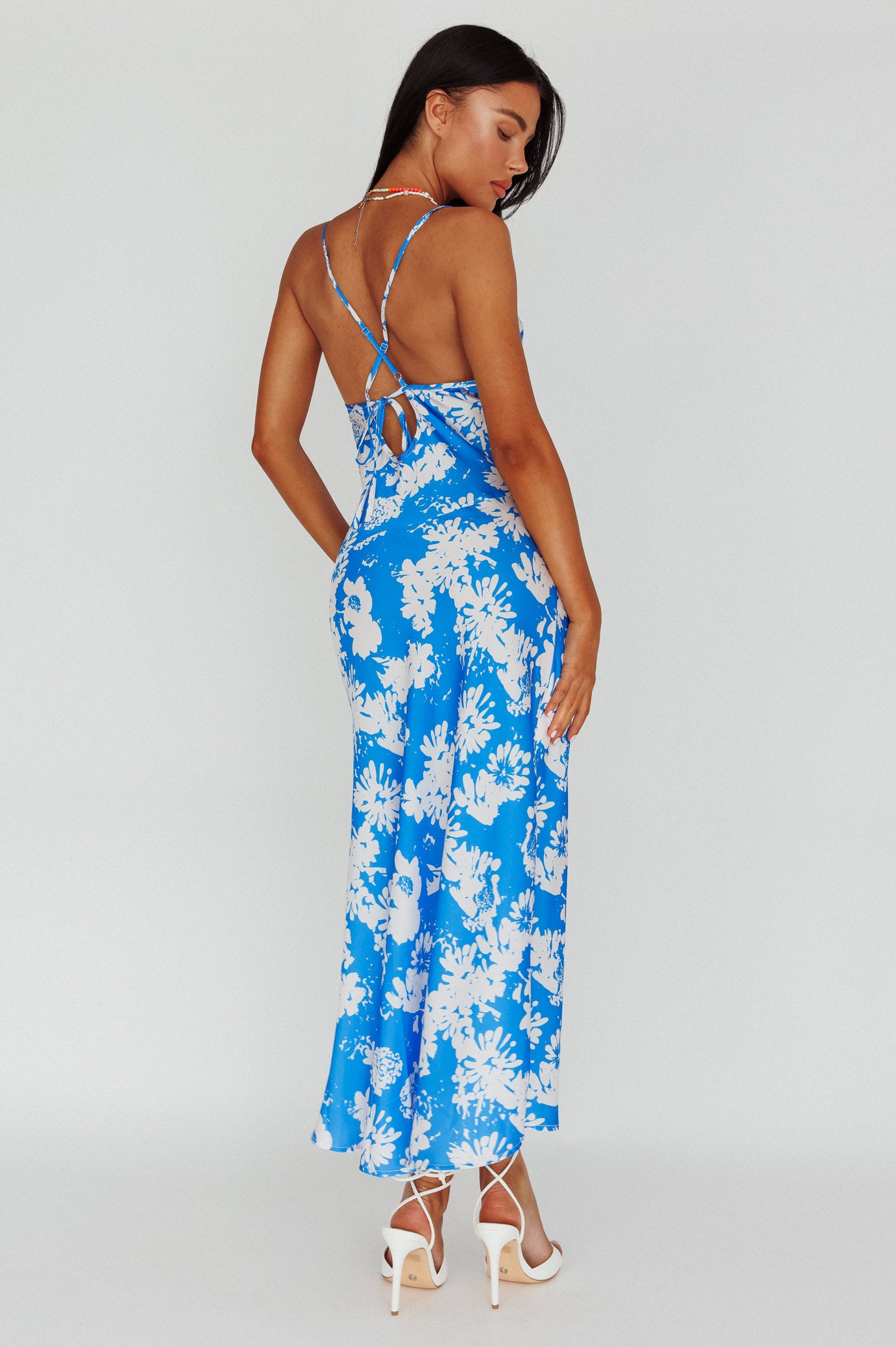 Sherilyn Criss-Cross Back Midi Dress Blue Floral by Selfie Leslie