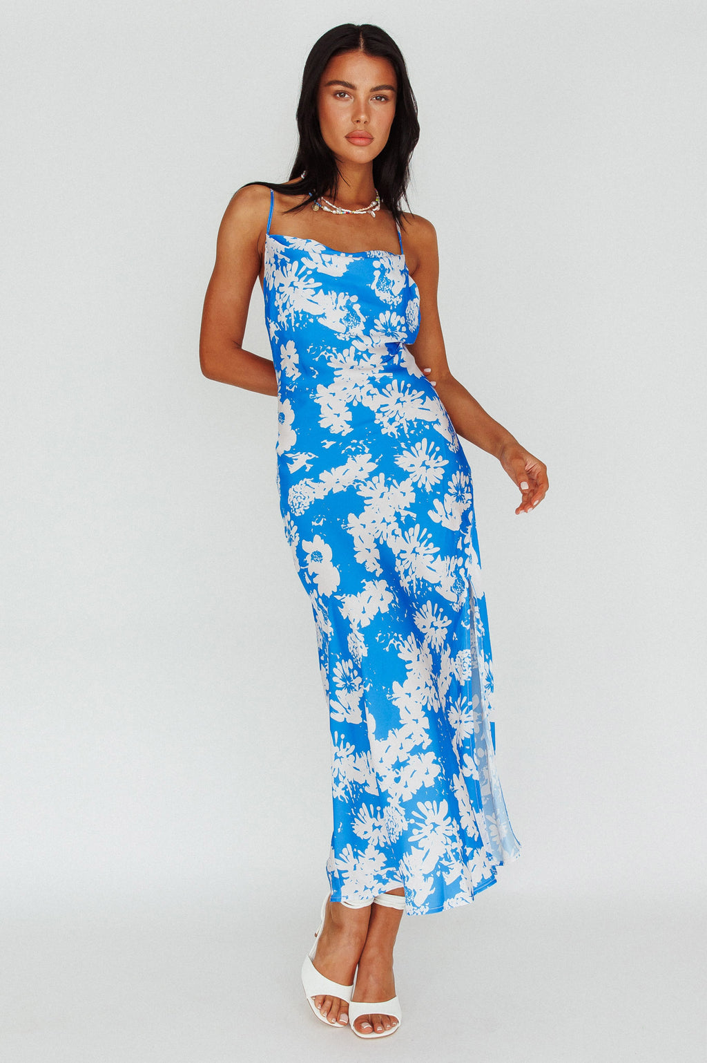 Sherilyn Criss-Cross Back Midi Dress Blue Floral by Selfie Leslie