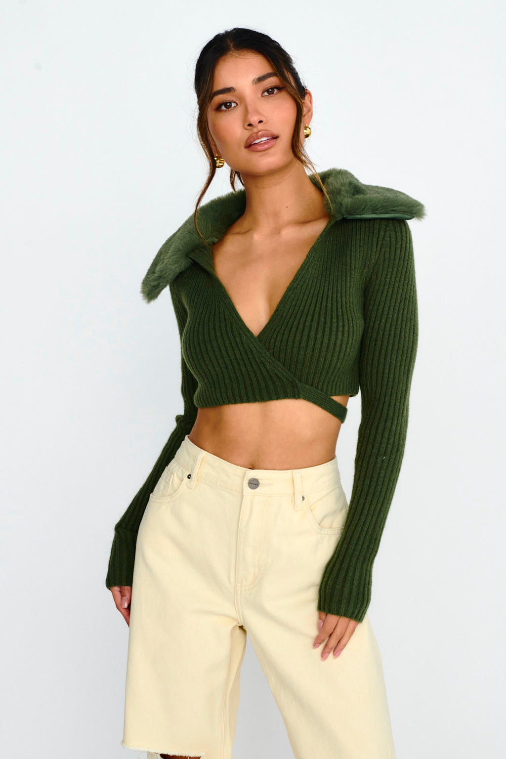 Hollyoak Fur Collar Knit Crop Top Dark Olive by Selfie Leslie