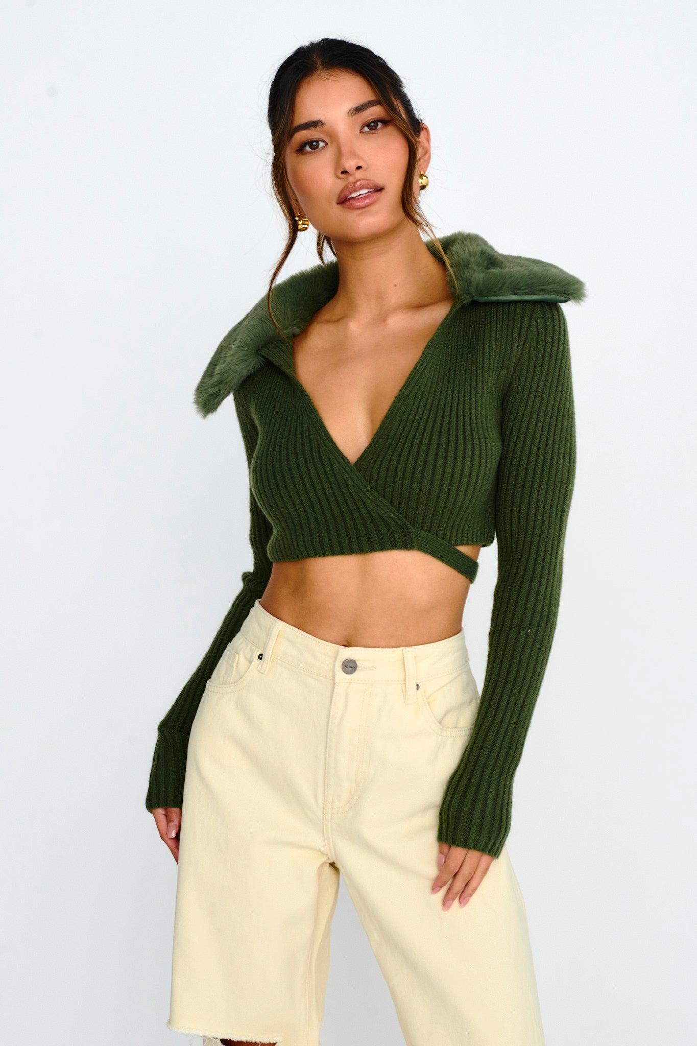 Hollyoak Fur Collar Knit Crop Top Dark Olive by Selfie Leslie
