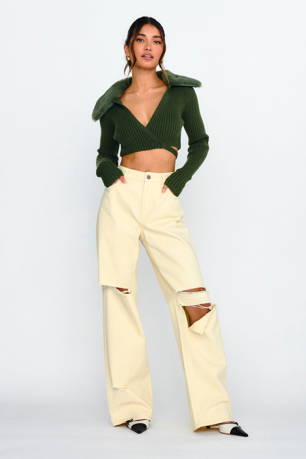 Hollyoak Fur Collar Knit Crop Top Dark Olive by Selfie Leslie