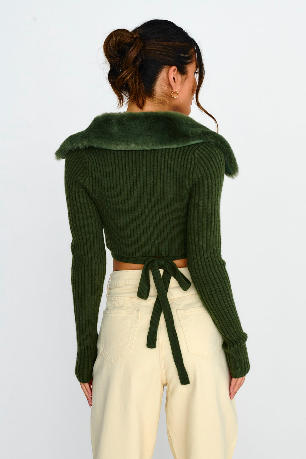 Hollyoak Fur Collar Knit Crop Top Dark Olive by Selfie Leslie