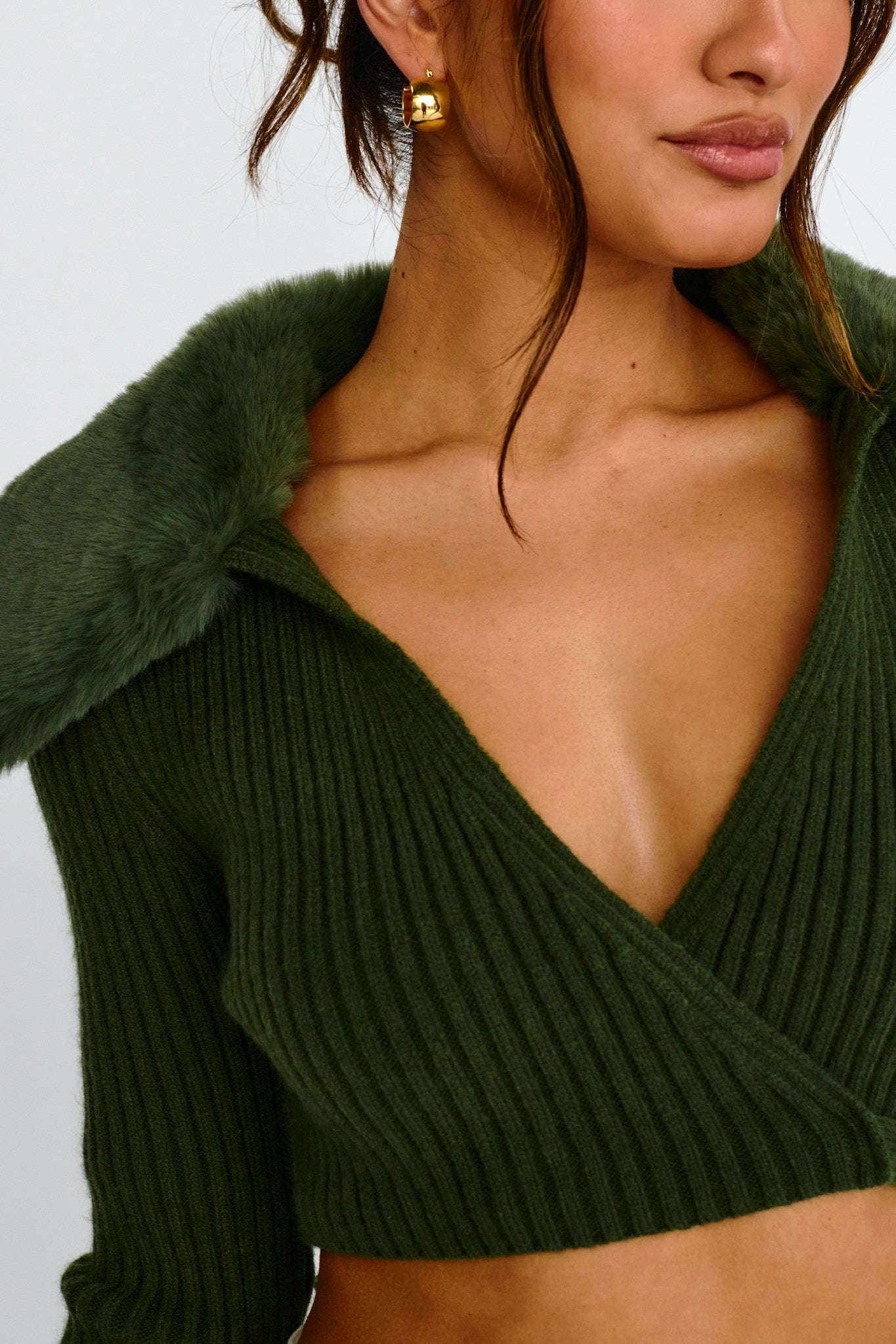 Hollyoak Fur Collar Knit Crop Top Dark Olive by Selfie Leslie