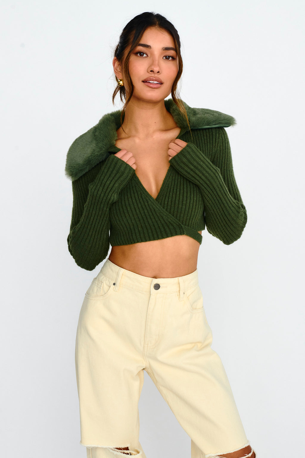 Hollyoak Fur Collar Knit Crop Top Dark Olive by Selfie Leslie