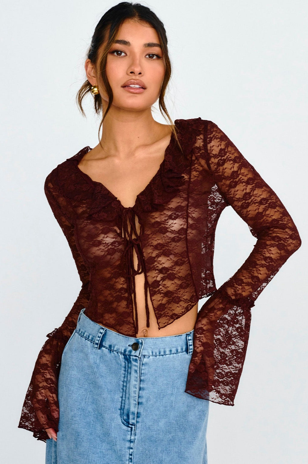 Siren Long Sleeve Tied Lace Top Brown by Selfie Leslie