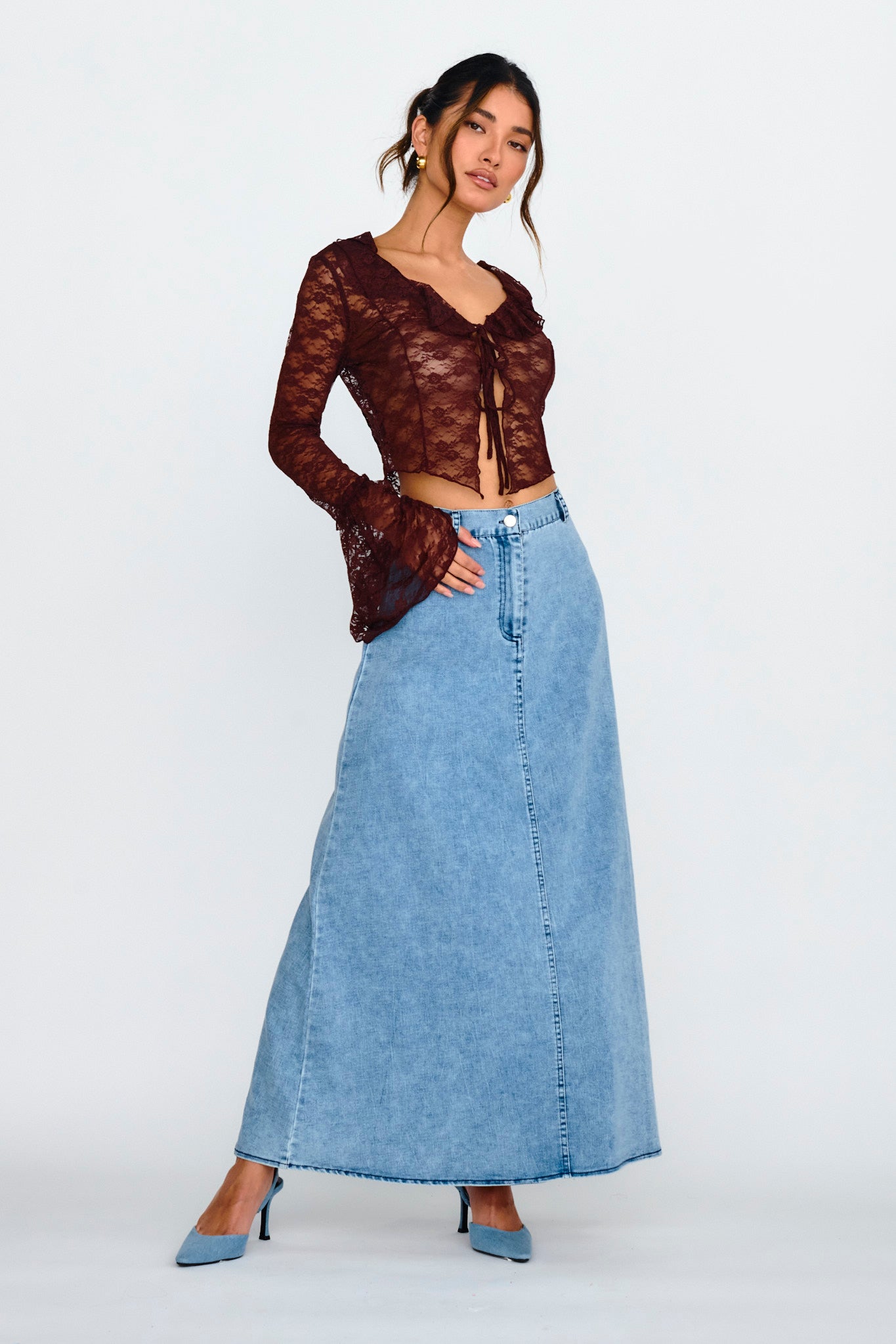 Siren Long Sleeve Tied Lace Top Brown by Selfie Leslie