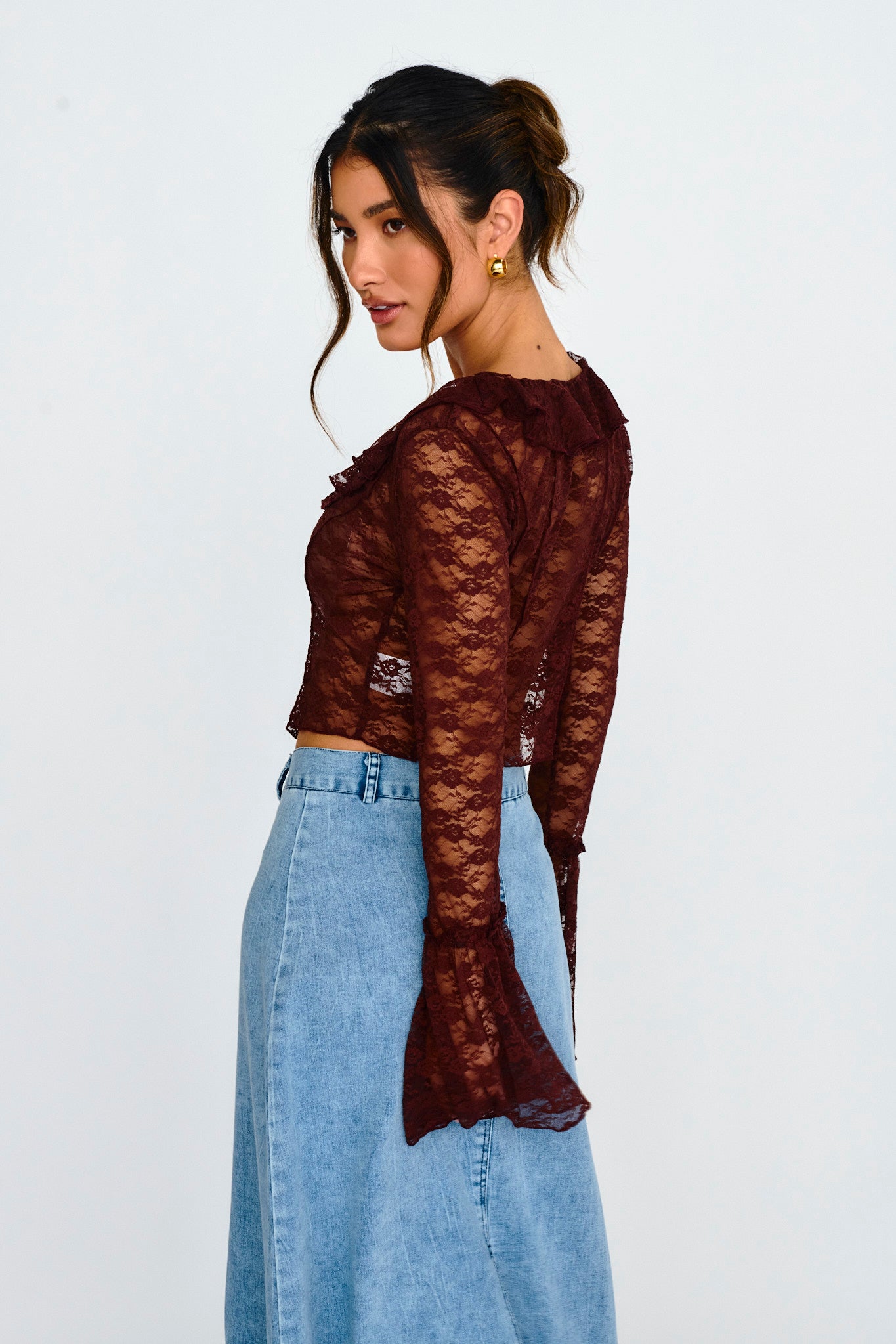 Siren Long Sleeve Tied Lace Top Brown by Selfie Leslie
