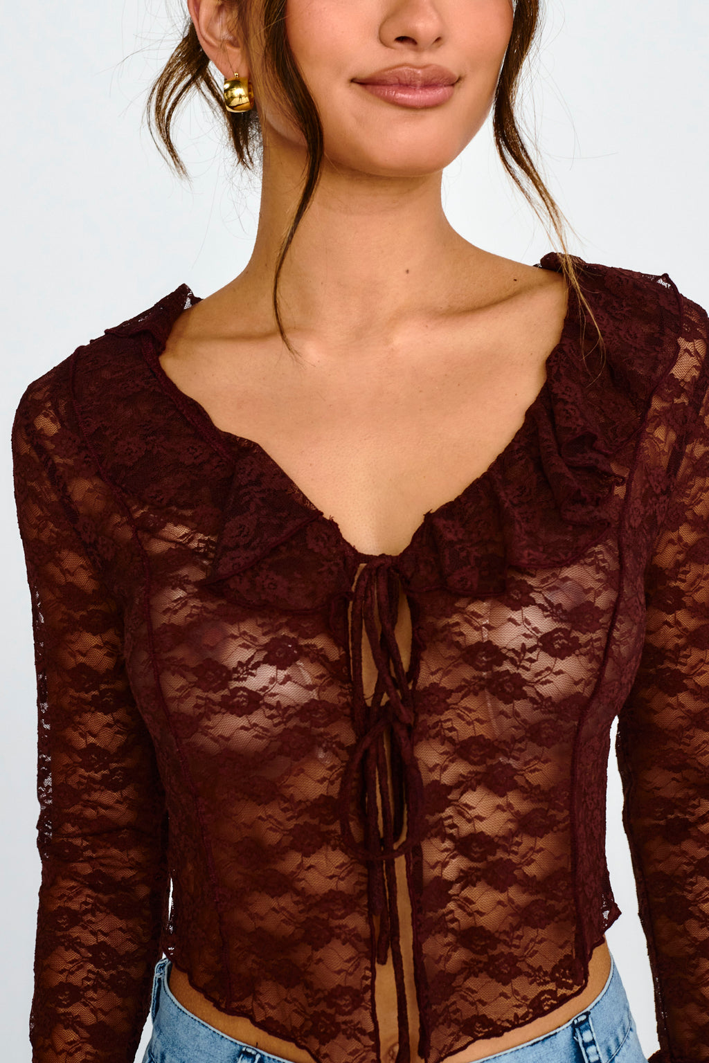 Siren Long Sleeve Tied Lace Top Brown by Selfie Leslie
