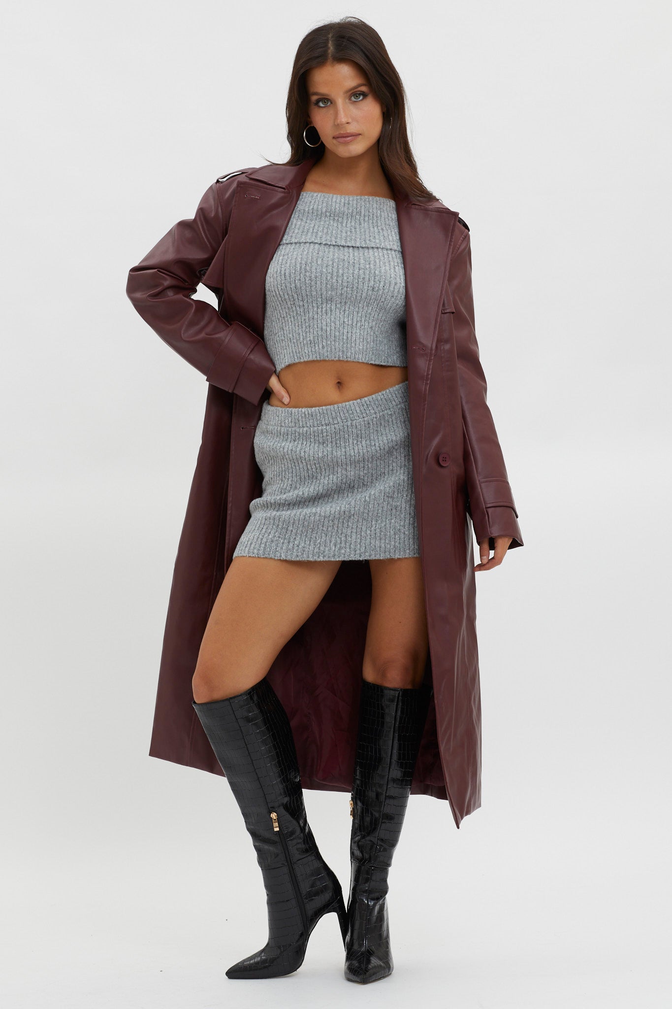 Lyora Longline Faux Leather Trench Coat Burgundy main image 1