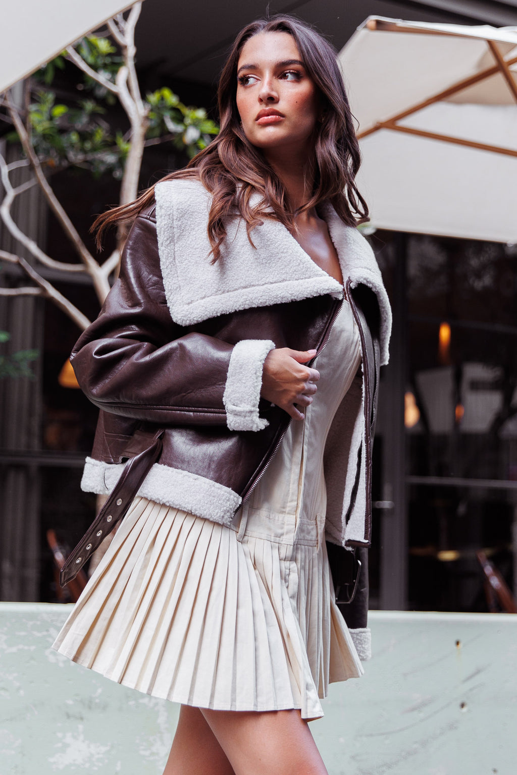 Aviatrix Faux Leather Sherpa Jacket Brown by Selfie Leslie