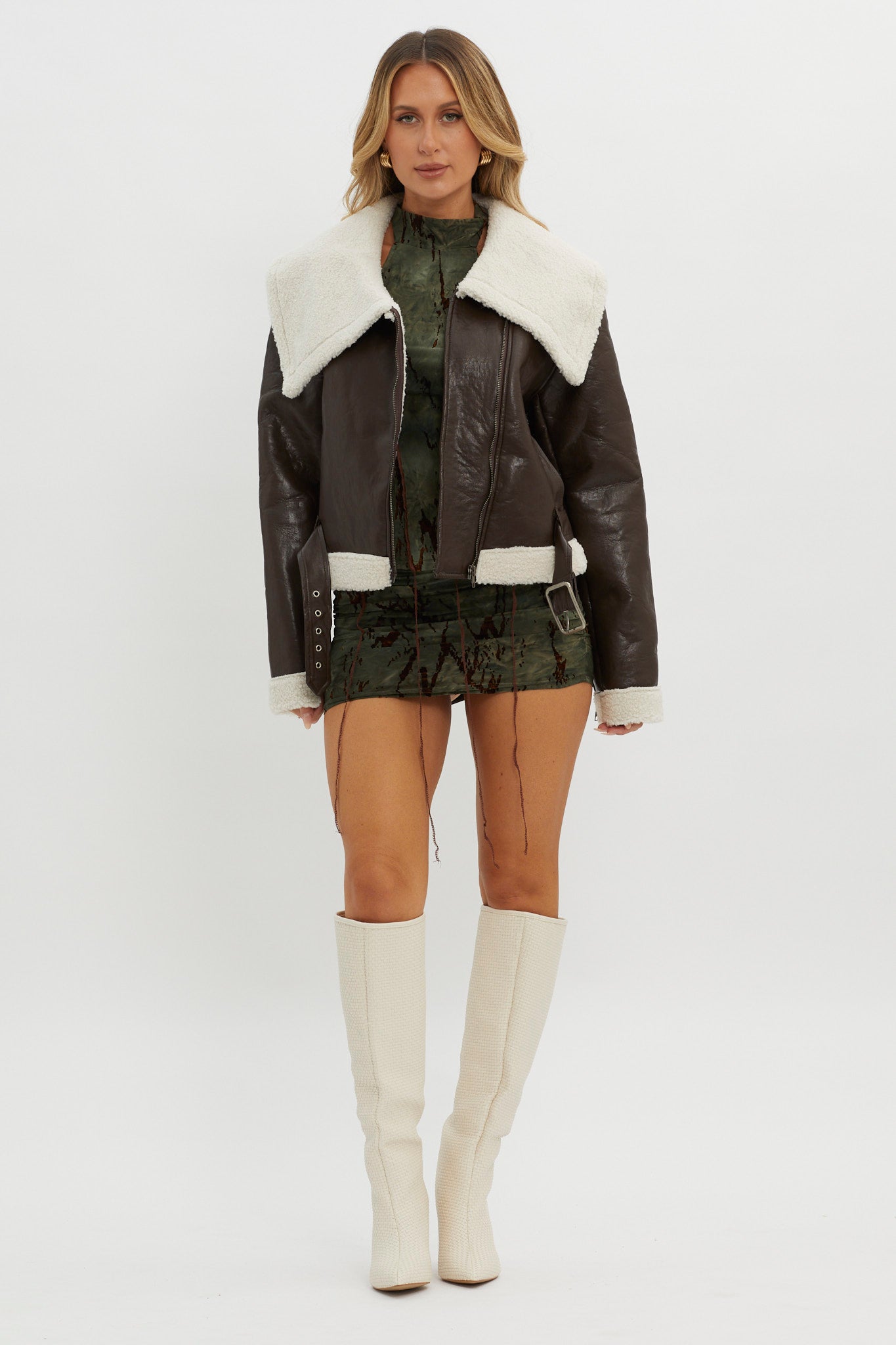 Aviatrix Faux Leather Sherpa Jacket Brown by Selfie Leslie