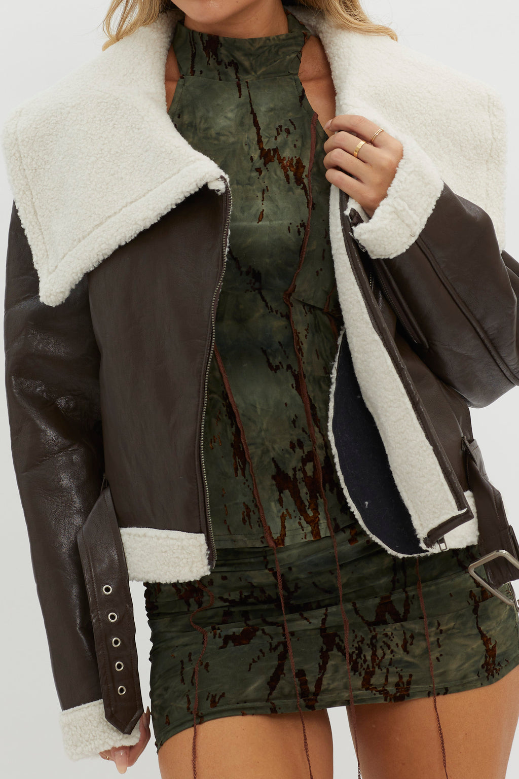 Aviatrix Faux Leather Sherpa Jacket Brown by Selfie Leslie