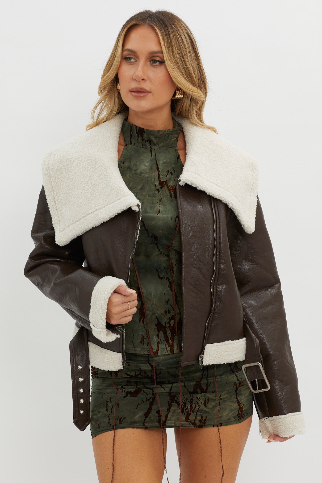 Shop the Aviatrix Faux Leather Sherpa Jacket Brown