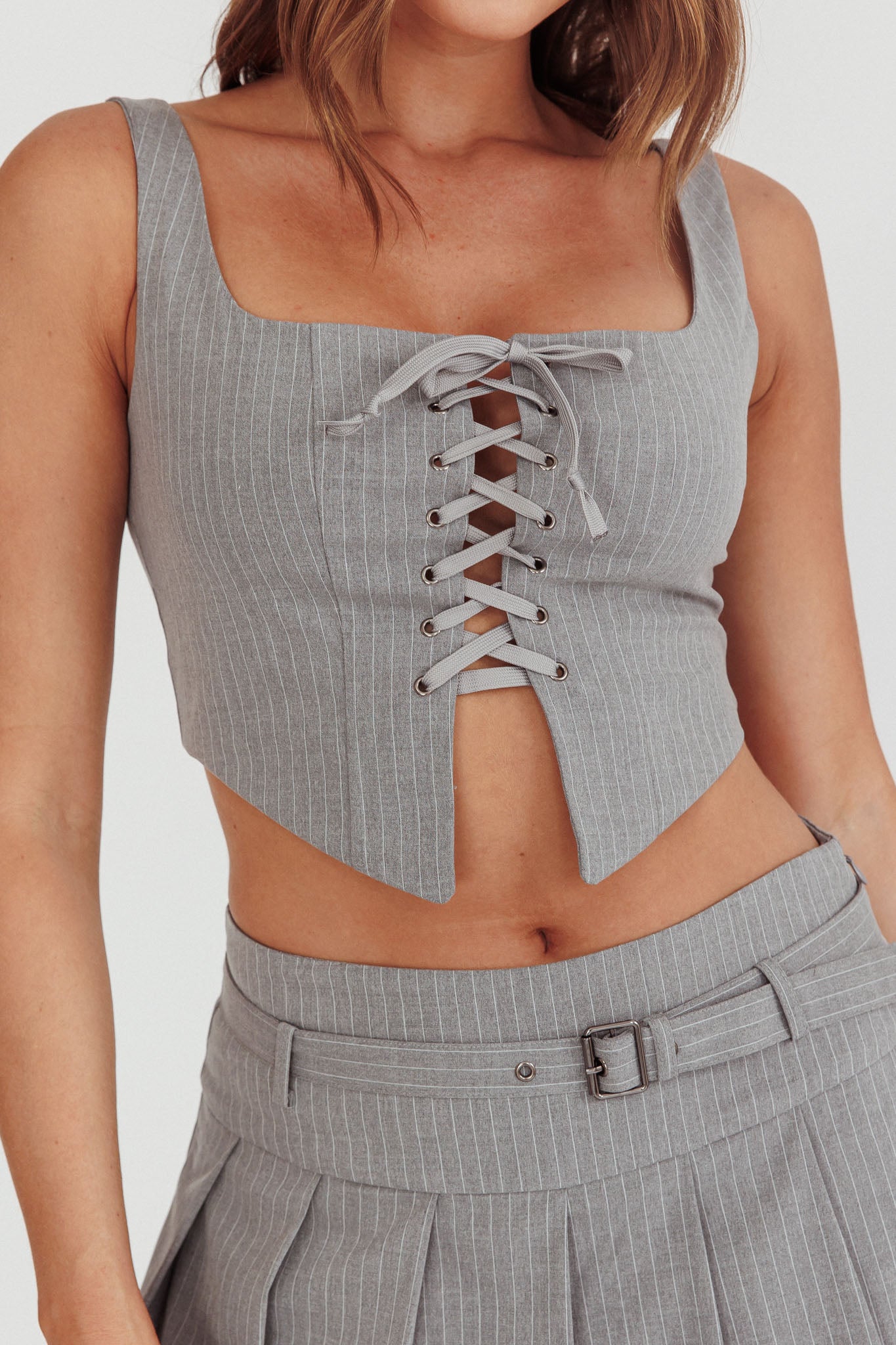 Swoon Lace-Up Corset Top Grey | Selfie Leslie