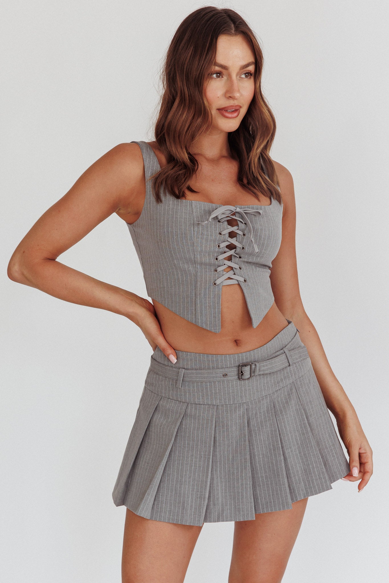 Shop the Swoon Belted Pleat Mini Skirt Grey