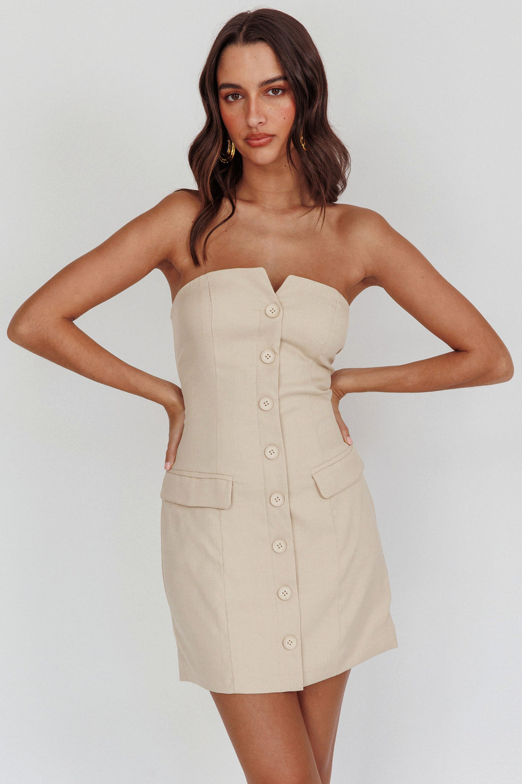 Titania Strapless Buttoned Mini Dress Light Taupe by Selfie Leslie