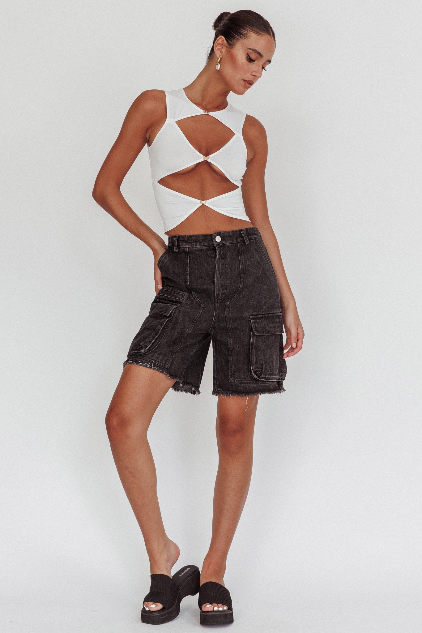 Tardy Cargo Shorts Black by Selfie Leslie