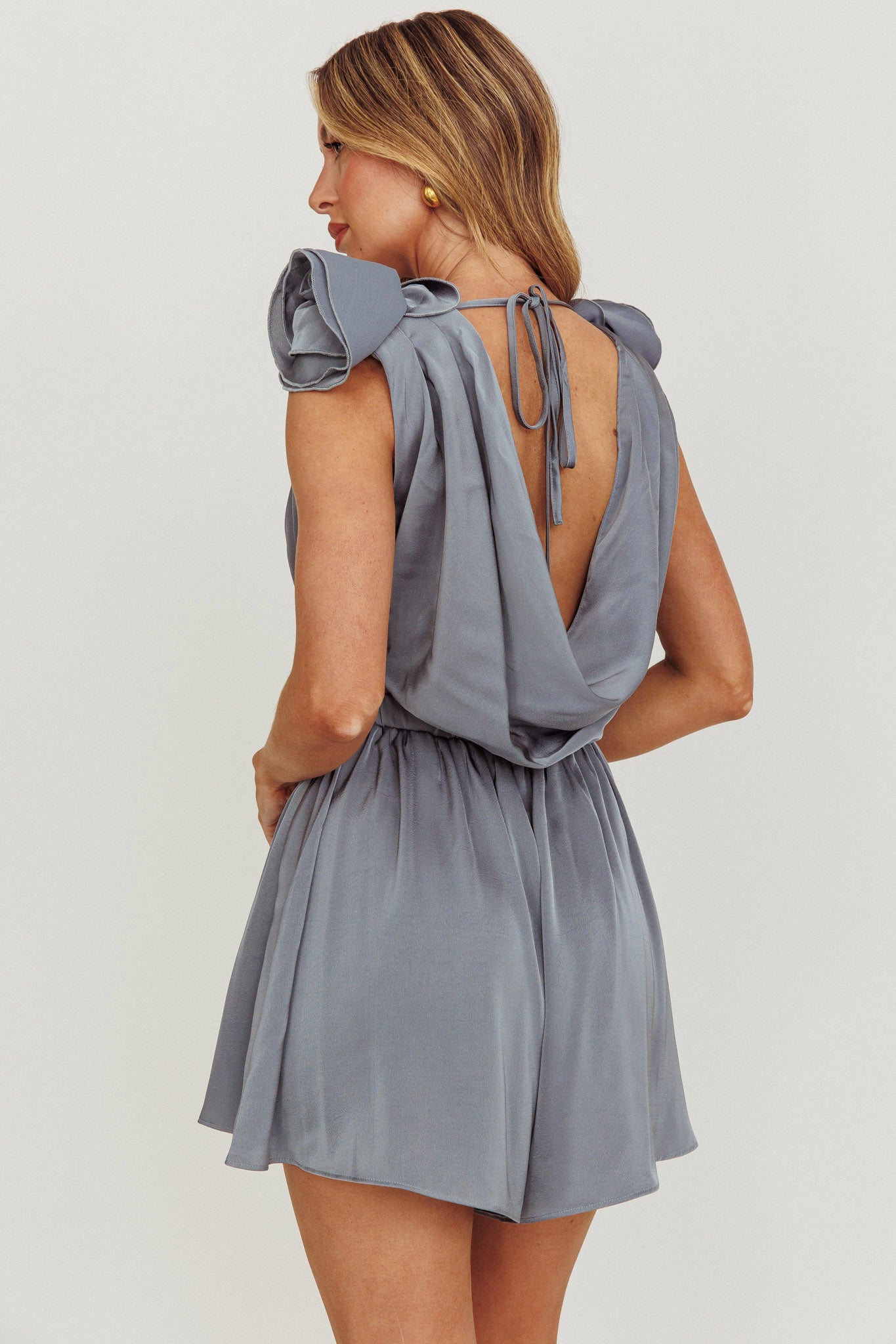 Hallie Cowl Neck Rosette Romper Cement by Selfie Leslie