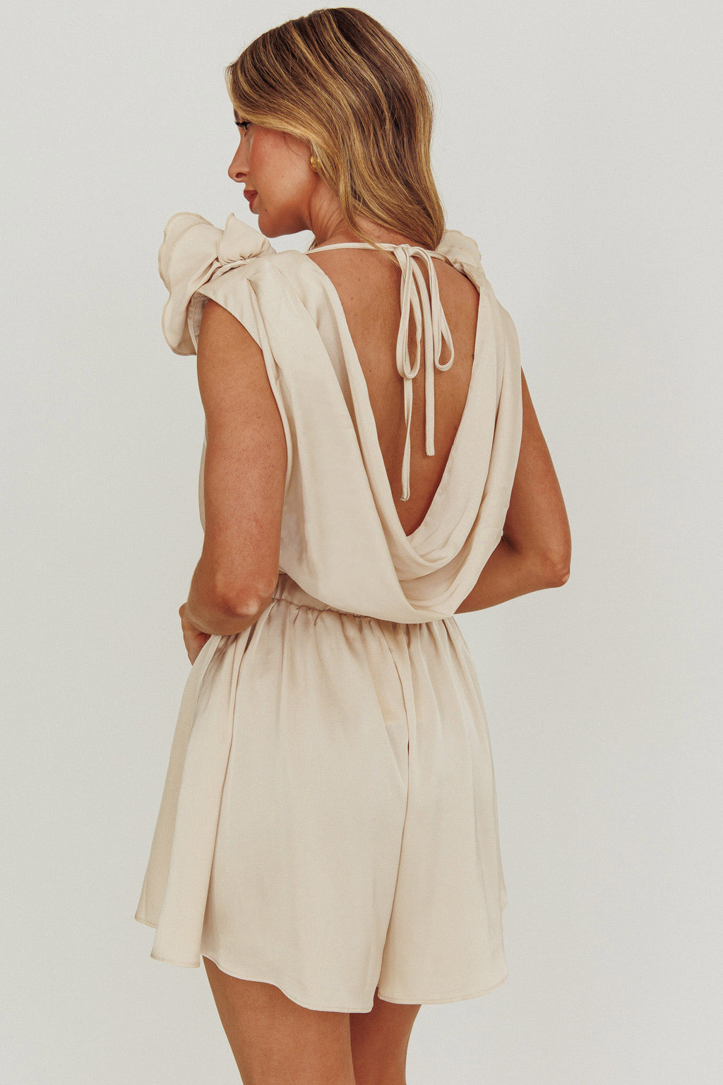 Hallie Cowl Neck Rosette Romper Champagne by Selfie Leslie