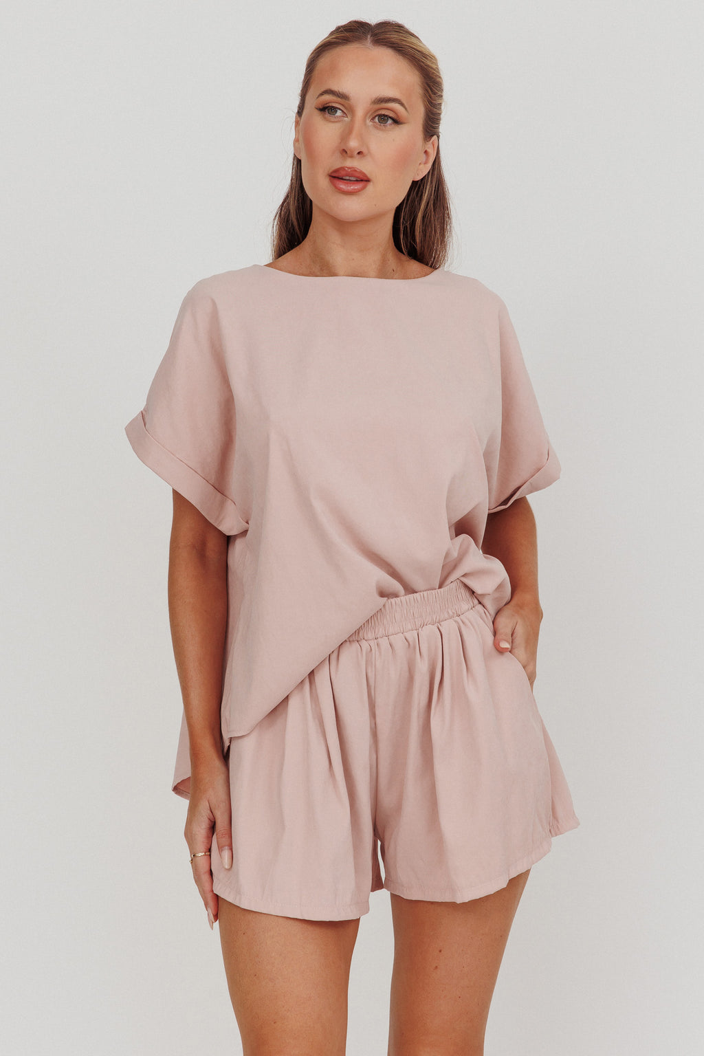 Yuna Elastic Waist Relaxed Shorts Blush by Selfie Leslie