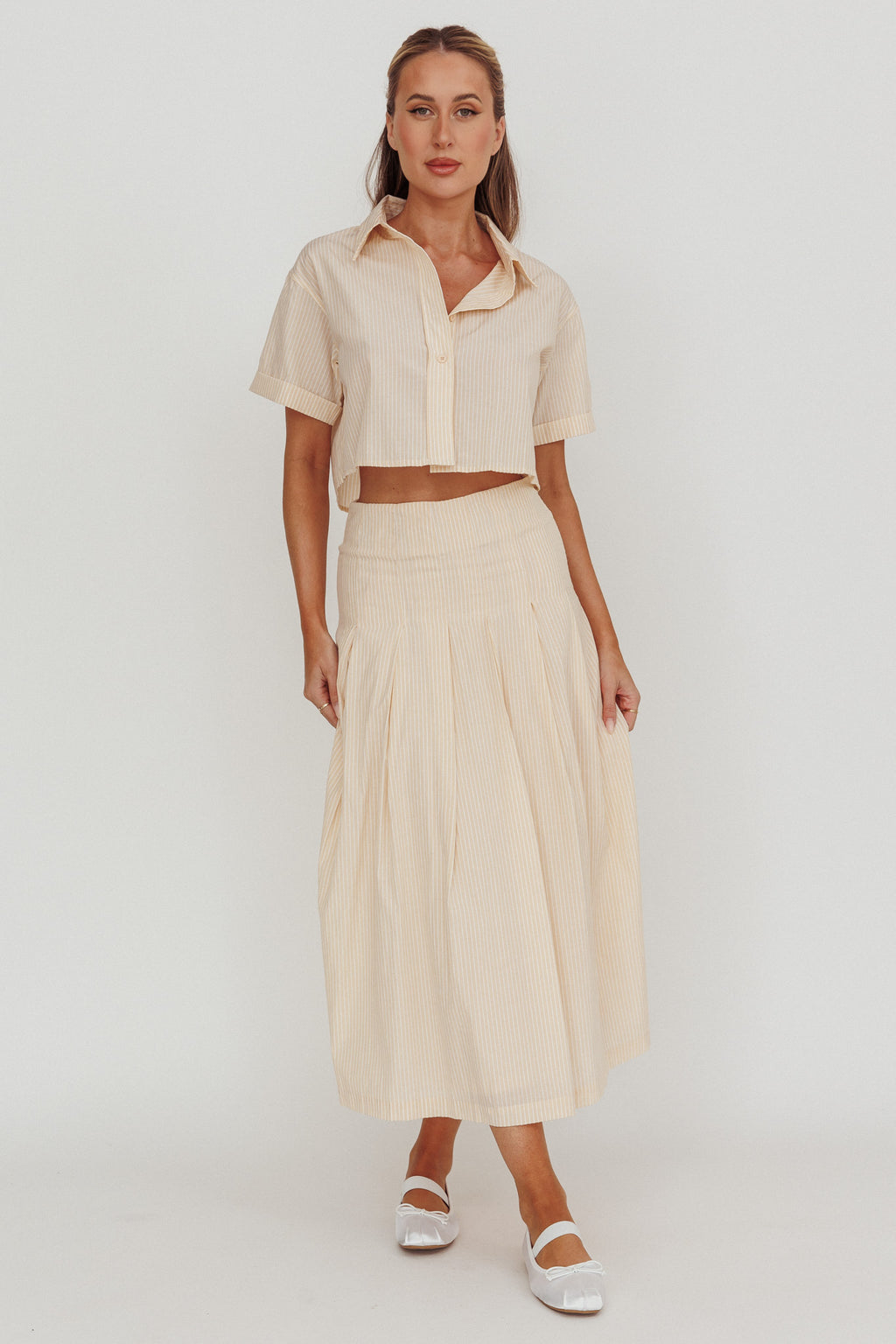 Zealous A-Line Striped Midi Skirt Beige/Off White by Selfie Leslie
