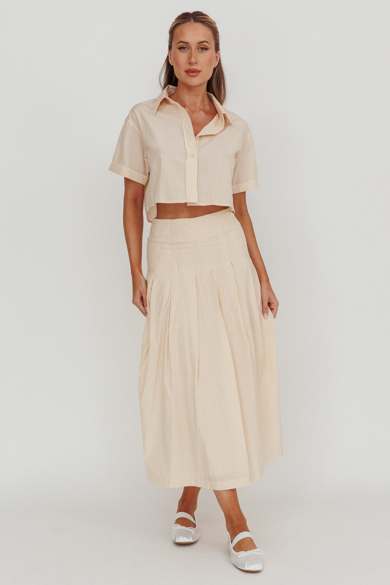 Zealous A-Line Striped Midi Skirt Beige/Off White by Selfie Leslie