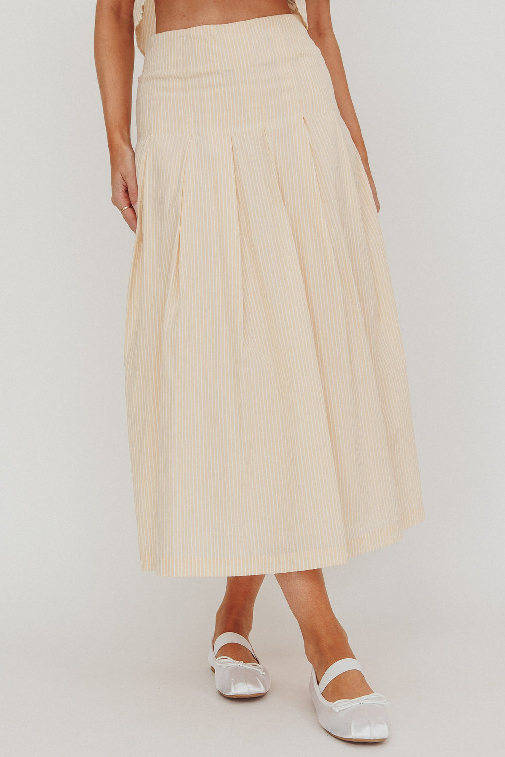 Zealous A-Line Striped Midi Skirt Beige/Off White by Selfie Leslie