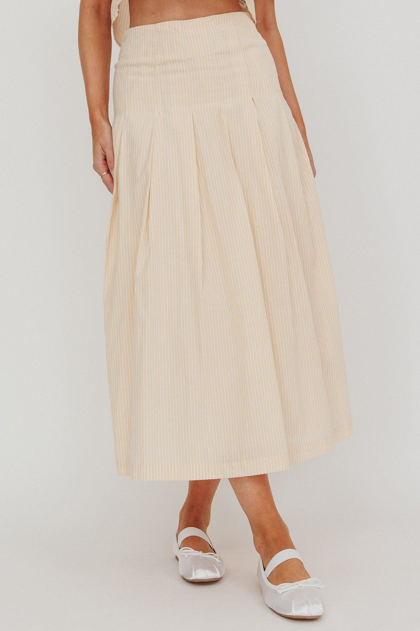 Zealous A-Line Striped Midi Skirt Beige/Off White by Selfie Leslie