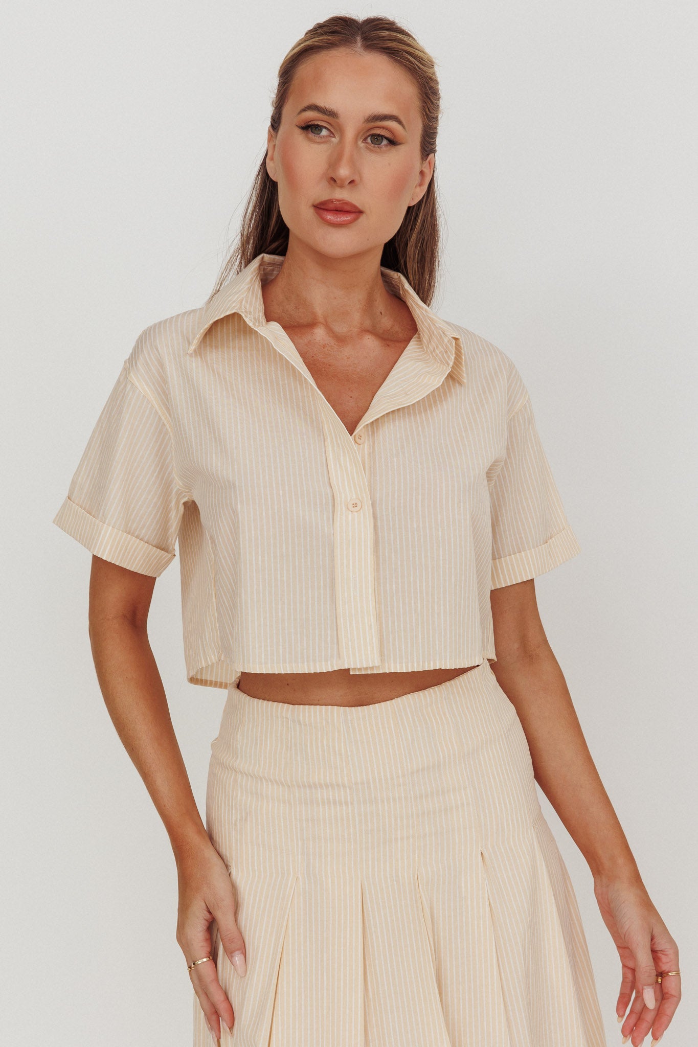 Zealous Boxy Cropped Striped Shirt Beige/Off White by Selfie Leslie