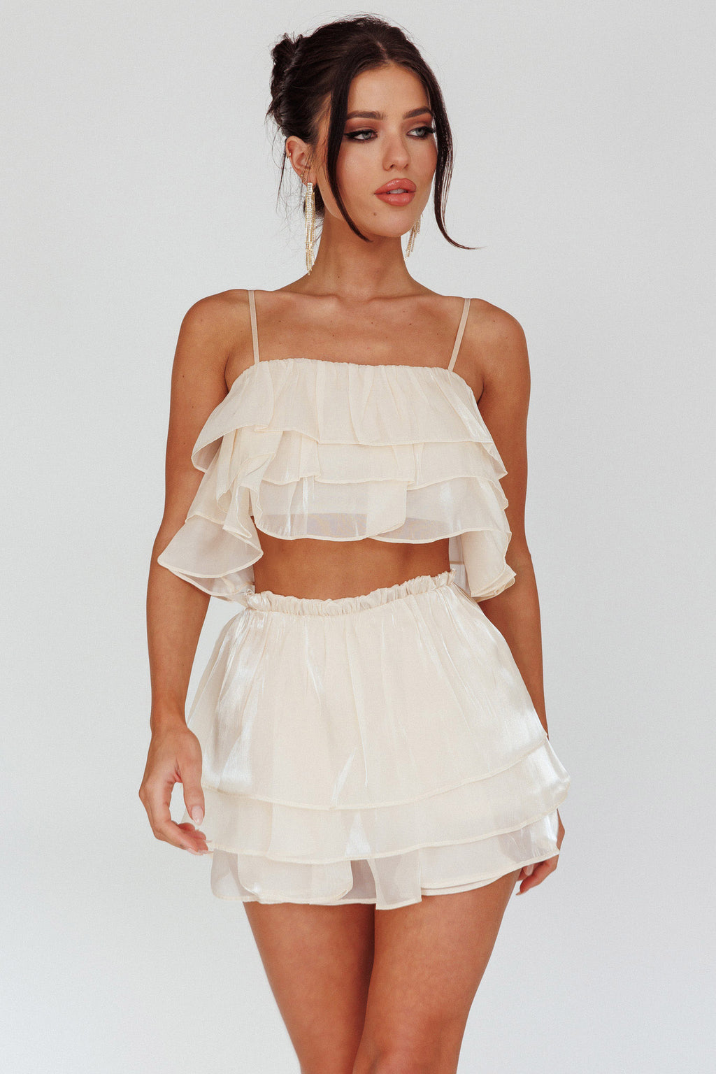 Easy To Love Layered Ruffle Crop Top Cream by Selfie Leslie