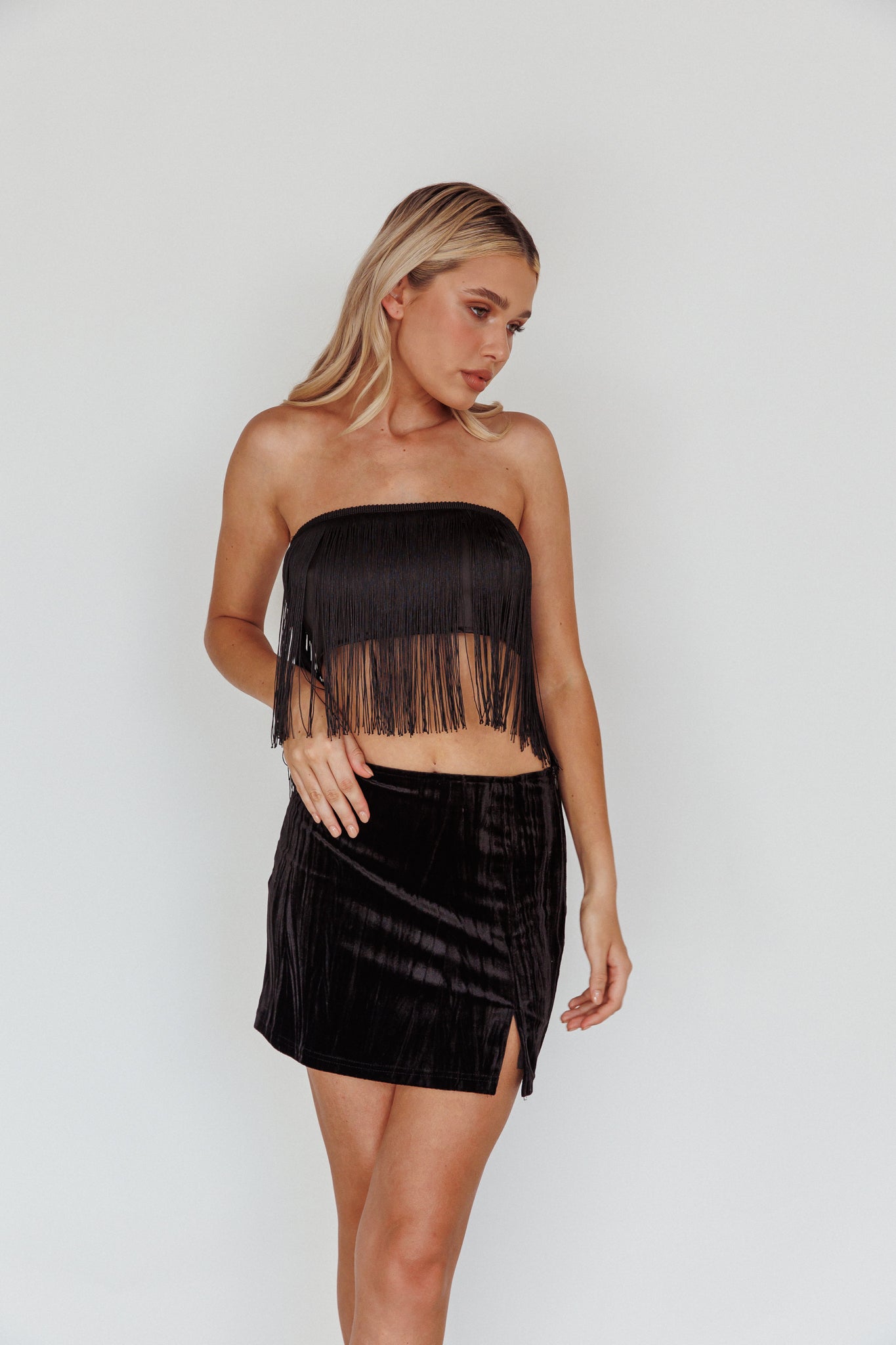 Miss Daisy Fringe Crop Top Black by Selfie Leslie