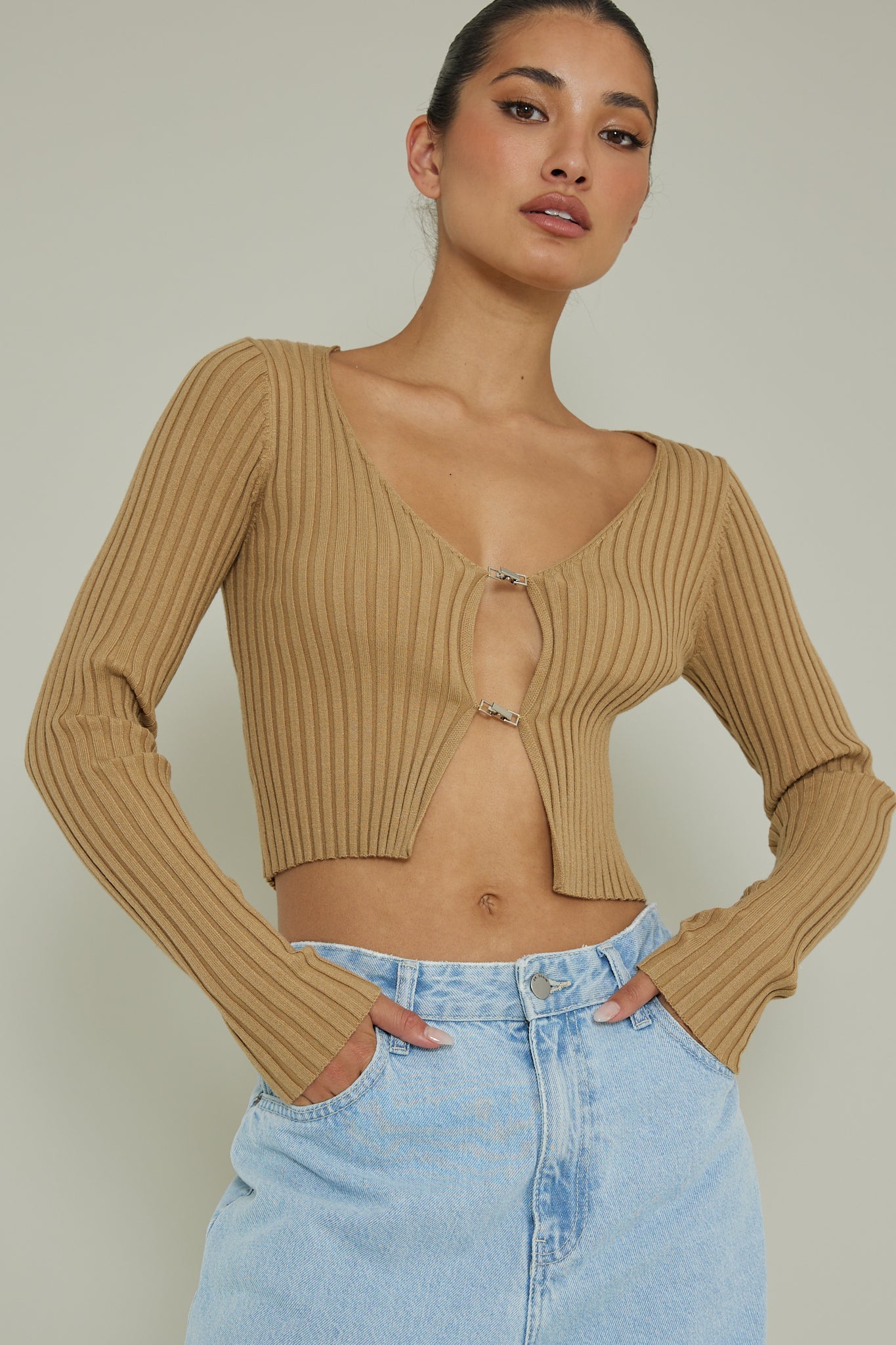 New School Long Sleeve Top Taupe by Selfie Leslie