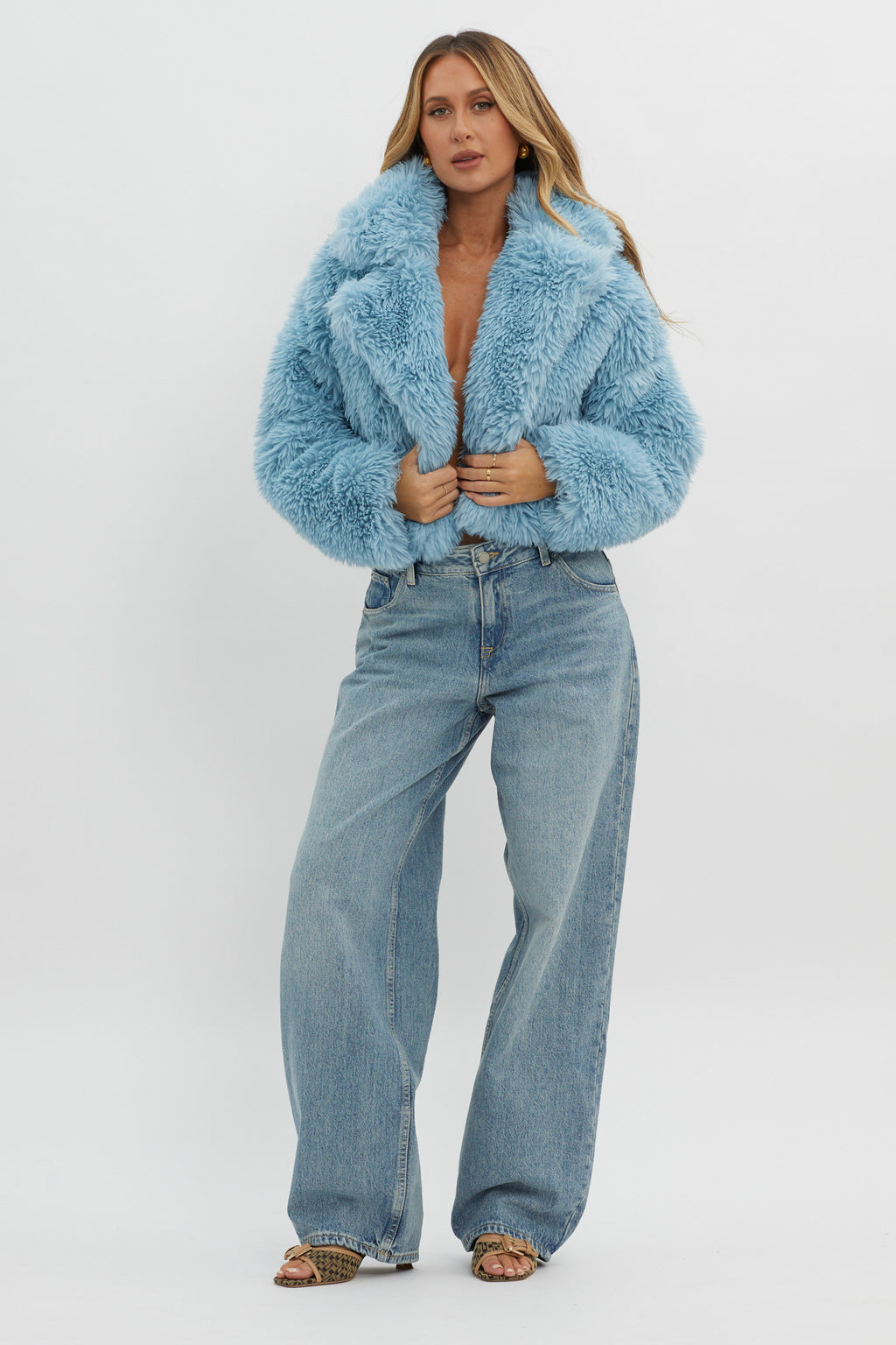 St Moritz Notch Lapel Fur Jacket Blue by Selfie Leslie