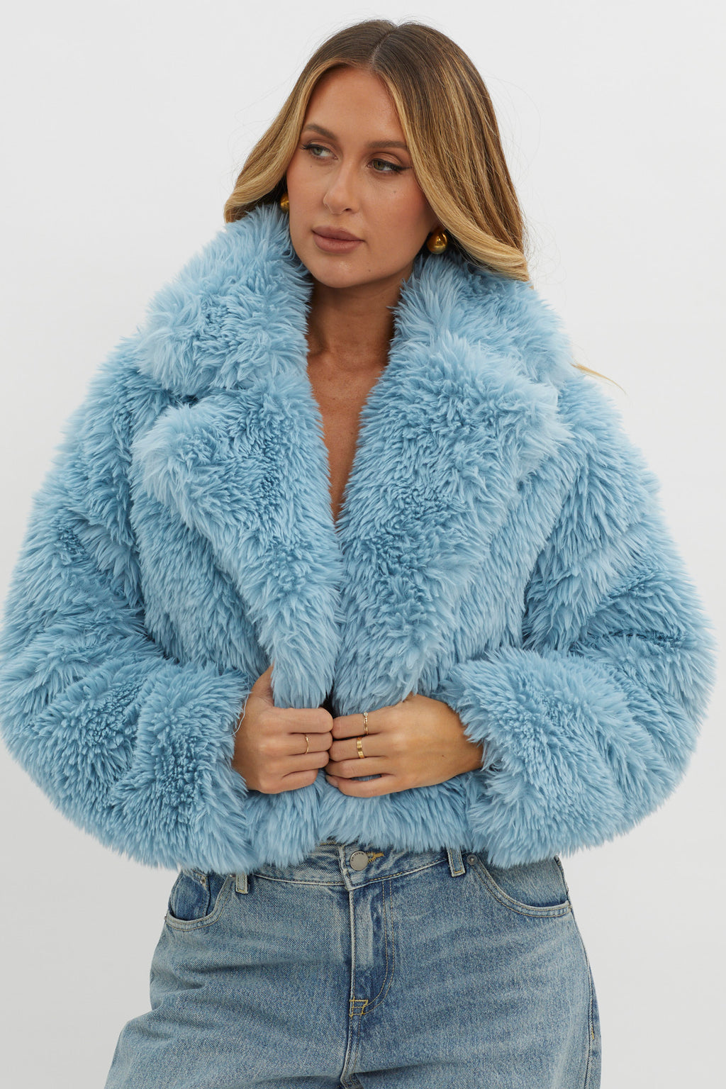 St Moritz Notch Lapel Fur Jacket Blue by Selfie Leslie