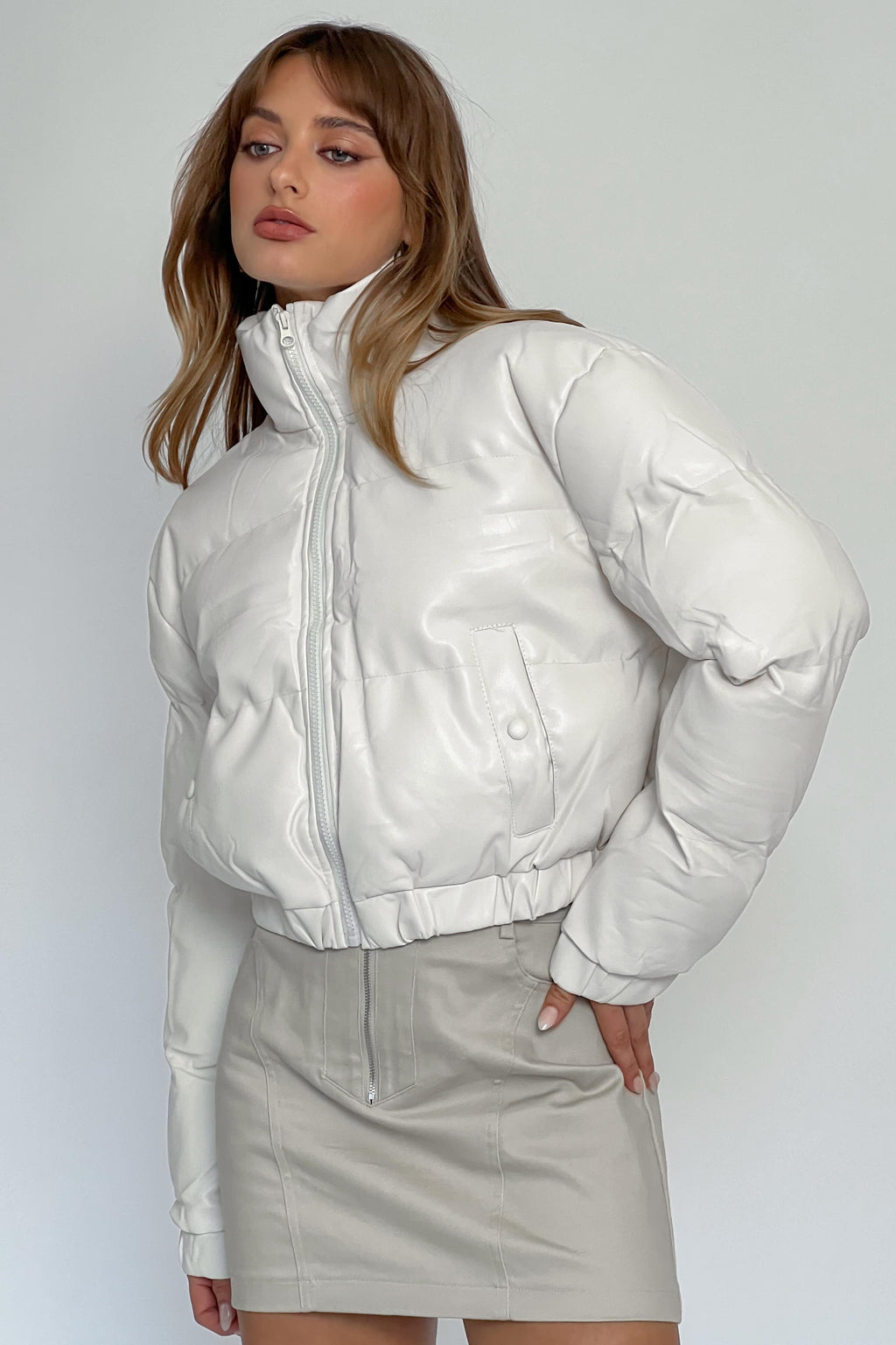 Winter Magic Faux Leather Puffer Jacket Cream by Selfie Leslie