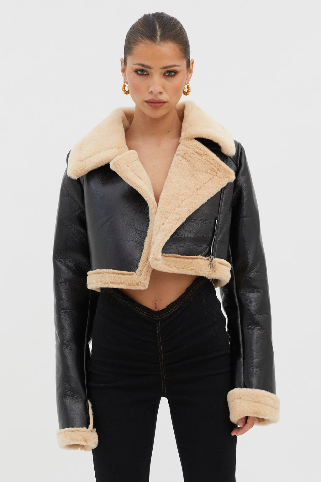 High Altitude Faux Fur Biker Jacket Black/Taupe by Selfie Leslie