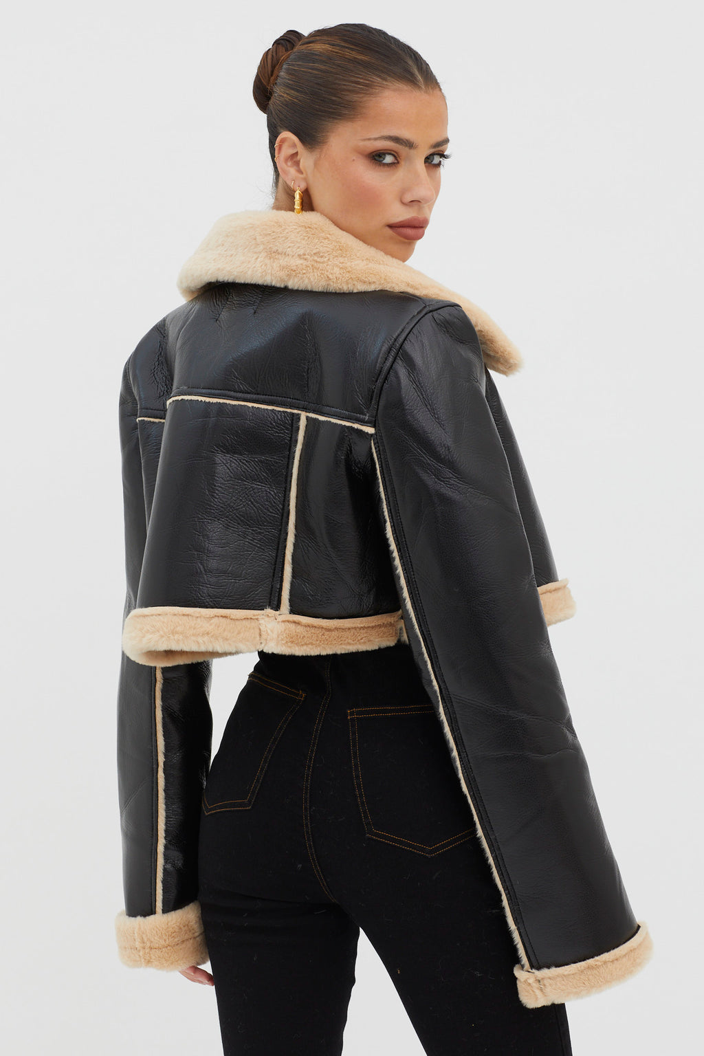 High Altitude Faux Fur Biker Jacket Black/Taupe by Selfie Leslie