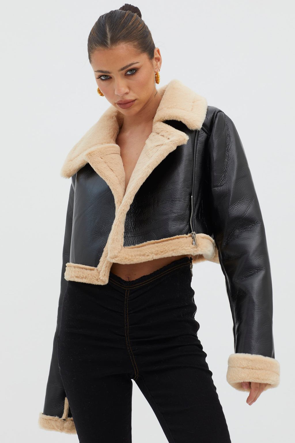 High Altitude Faux Fur Biker Jacket Black/Taupe by Selfie Leslie