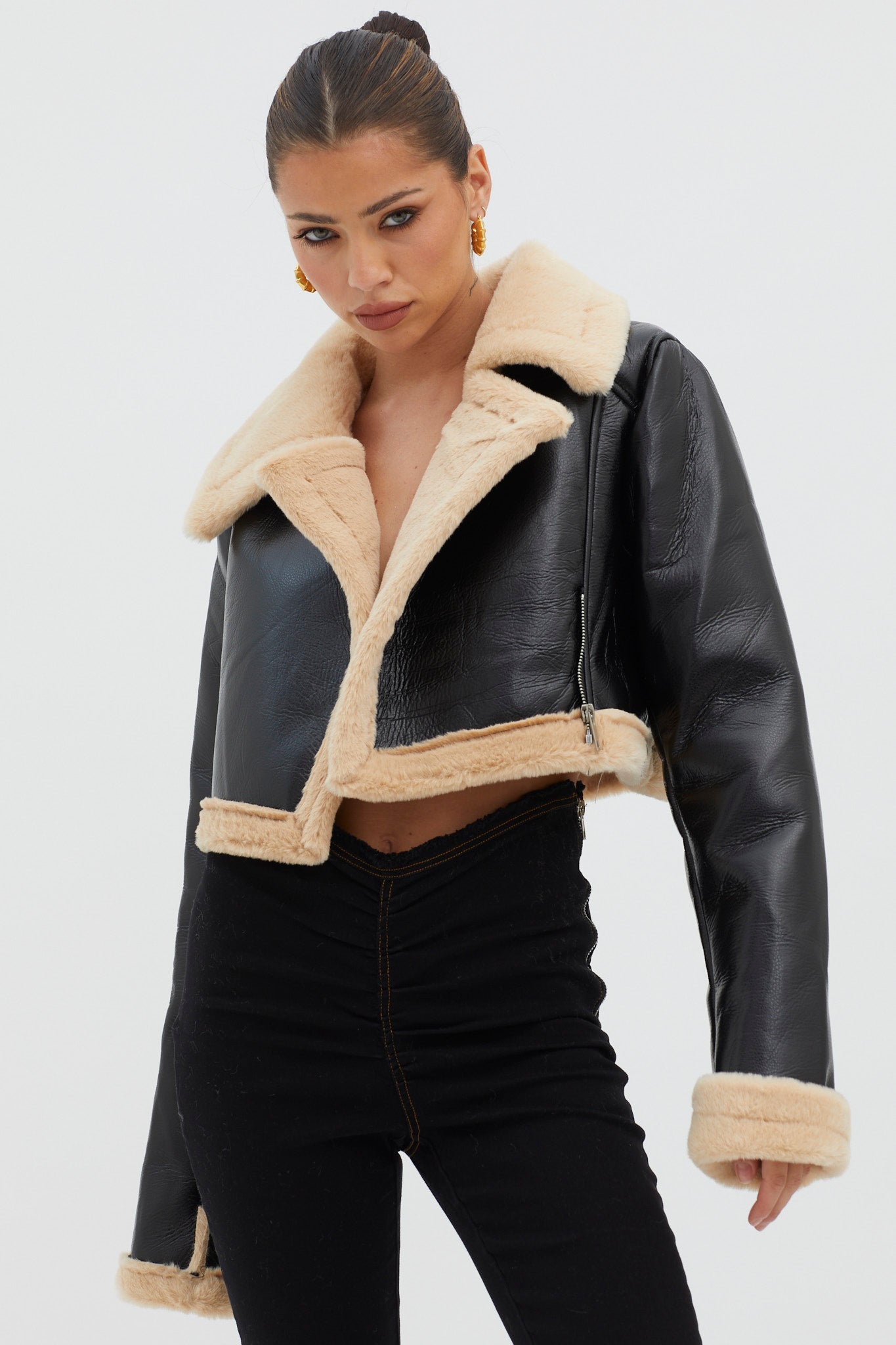High Altitude Faux Fur Biker Jacket Black/Taupe by Selfie Leslie