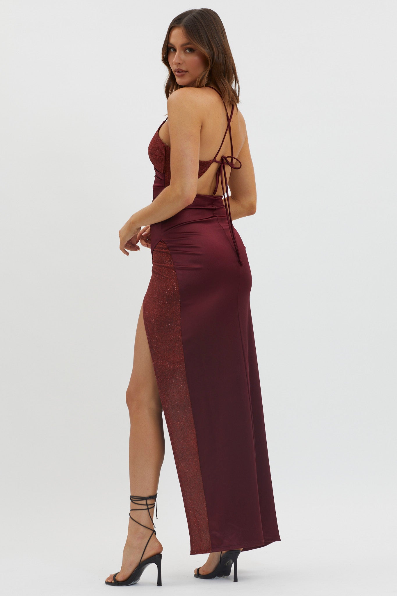Granada Tied Back Split Maxi Dress Wine by Selfie Leslie