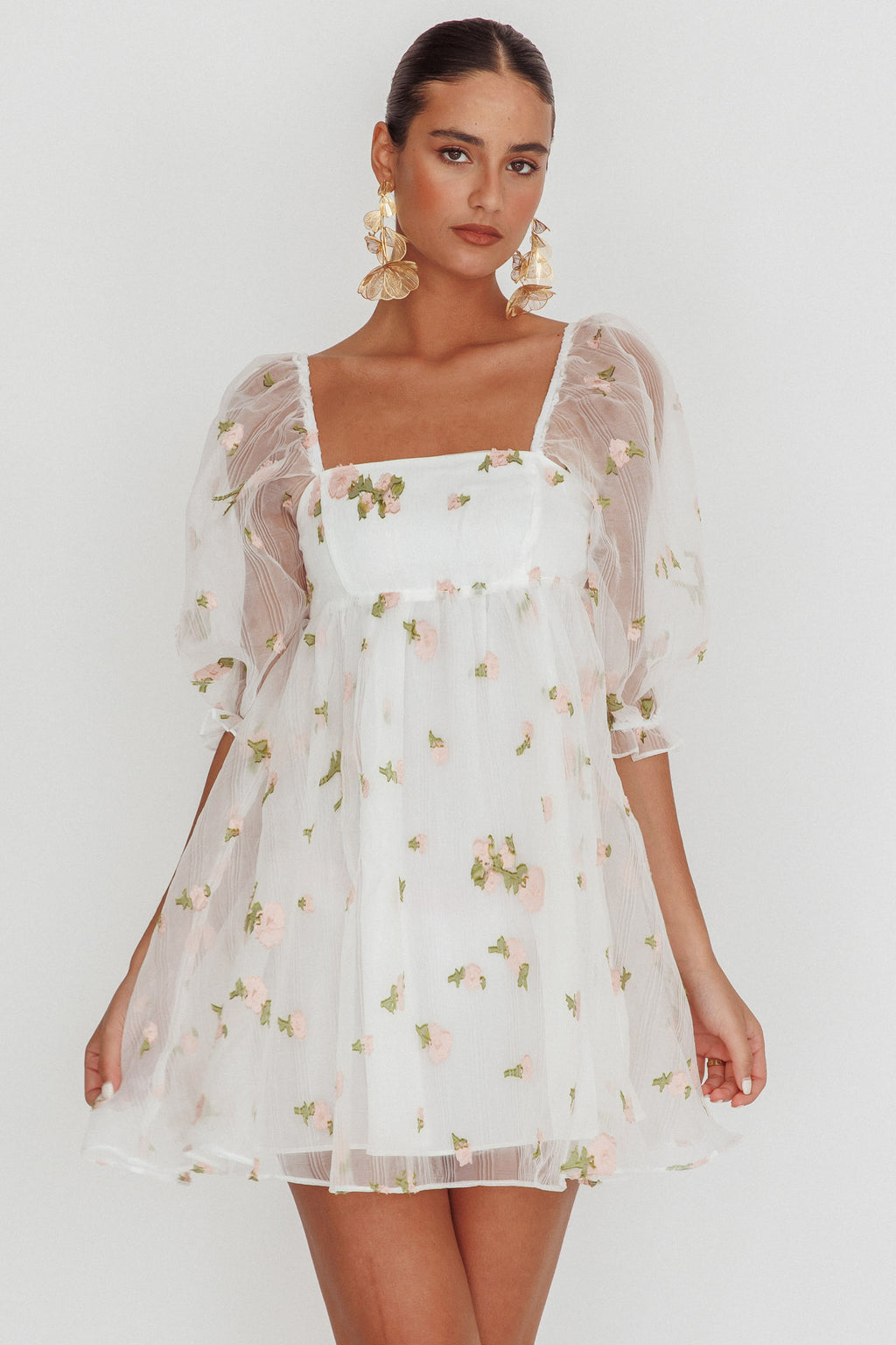 Helen Floral Organza Mini Dress White Pink by Selfie Leslie