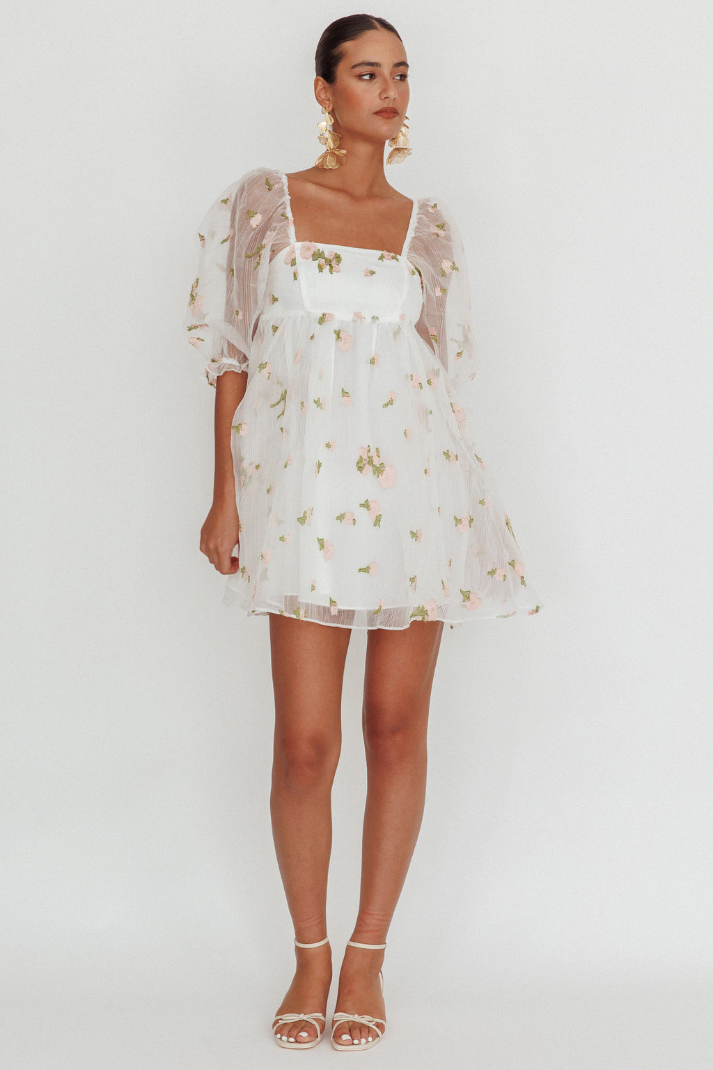 Helen Floral Organza Mini Dress White Pink by Selfie Leslie