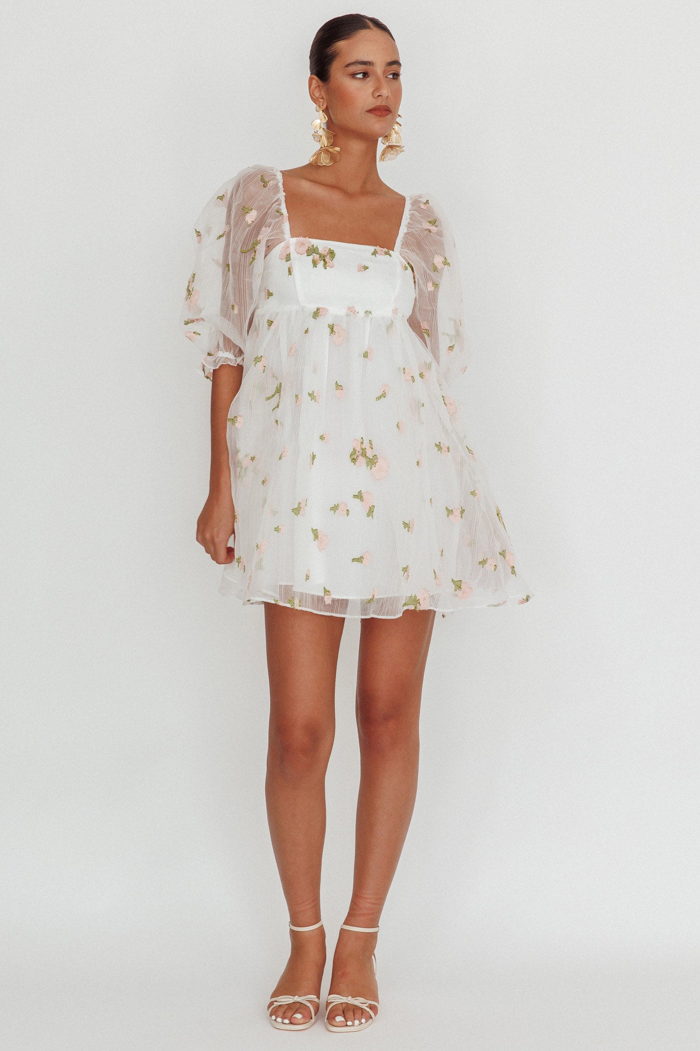 Helen Floral Organza Mini Dress White Pink by Selfie Leslie