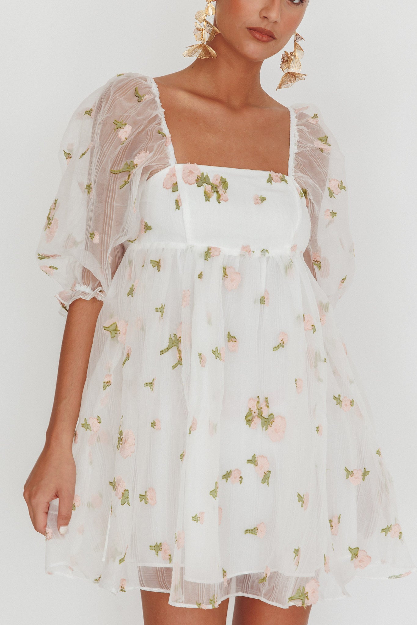 Helen Floral Organza Mini Dress White Pink by Selfie Leslie