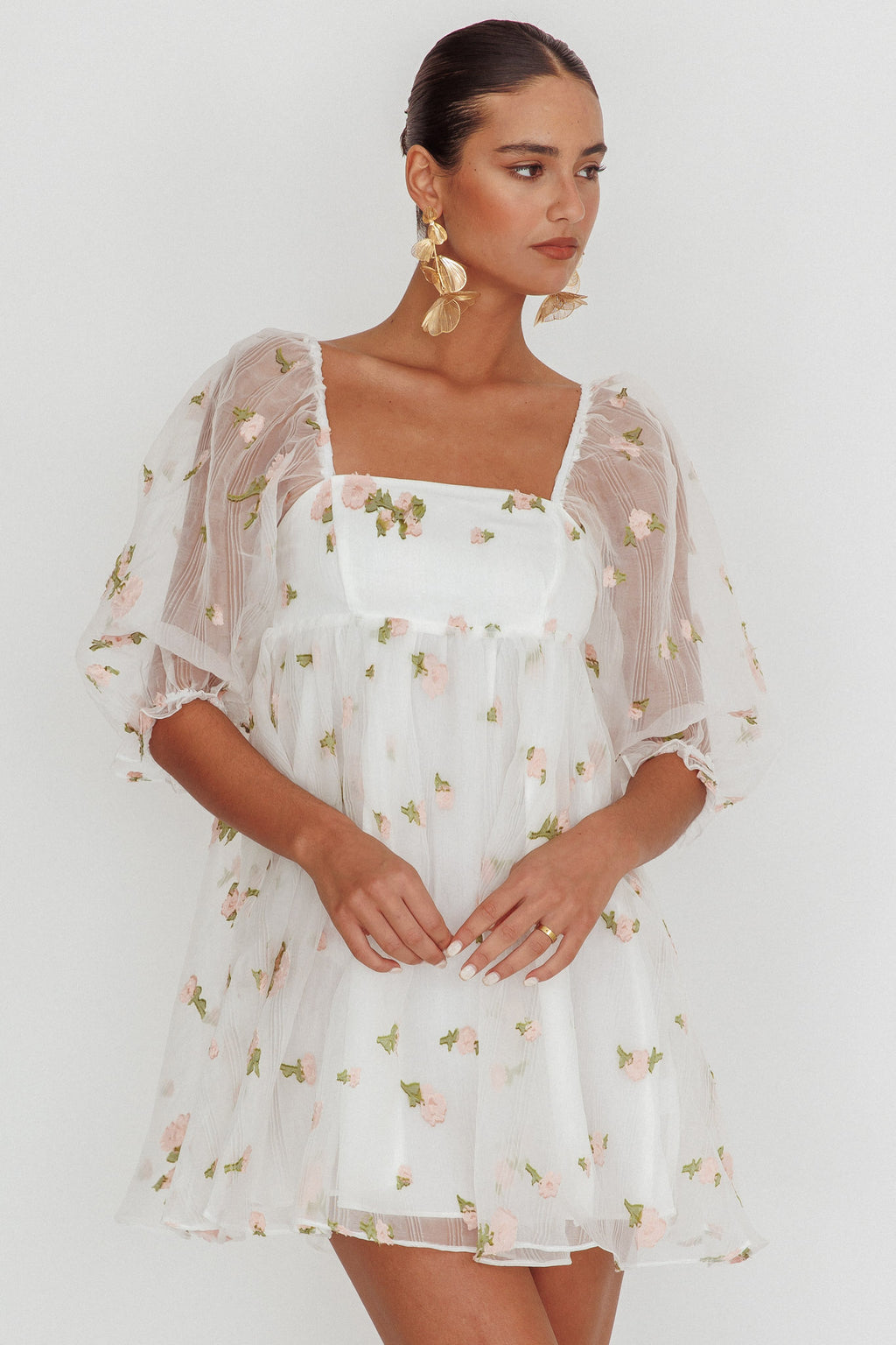 Helen Floral Organza Mini Dress White Pink by Selfie Leslie
