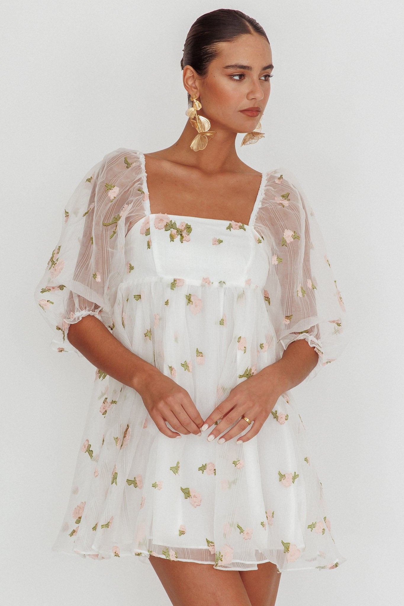 Helen Floral Organza Mini Dress White Pink by Selfie Leslie